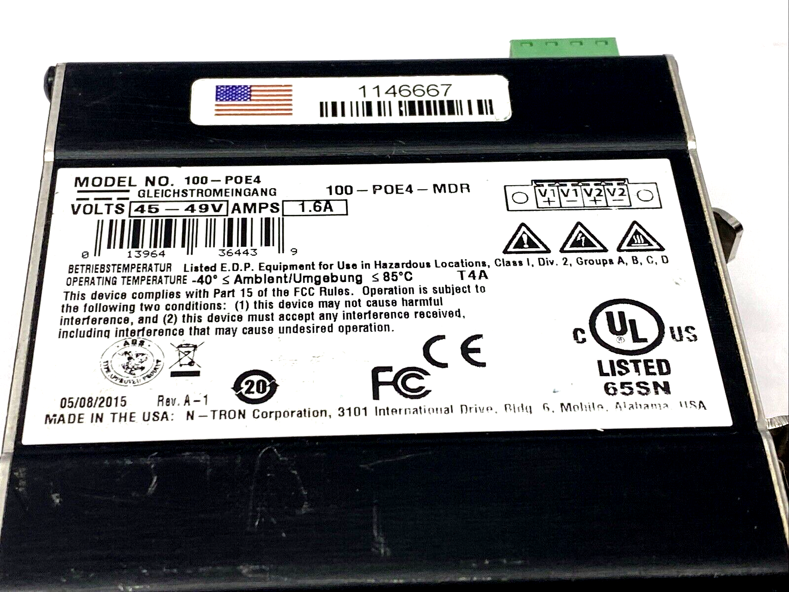 N-TRON 100-POE4 Industrial Ethernet Power Injector 45-49V 4-port 10/100Base-TX - Maverick Industrial Sales
