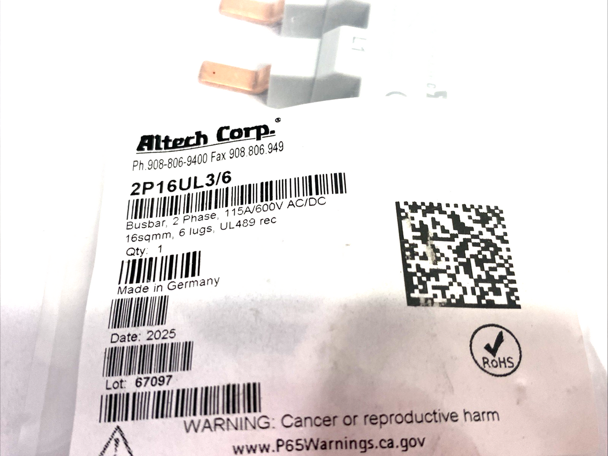 Altech 2P16UL3/6 Standard Spacing 2-Phase Busbar UL 489 - Maverick Industrial Sales