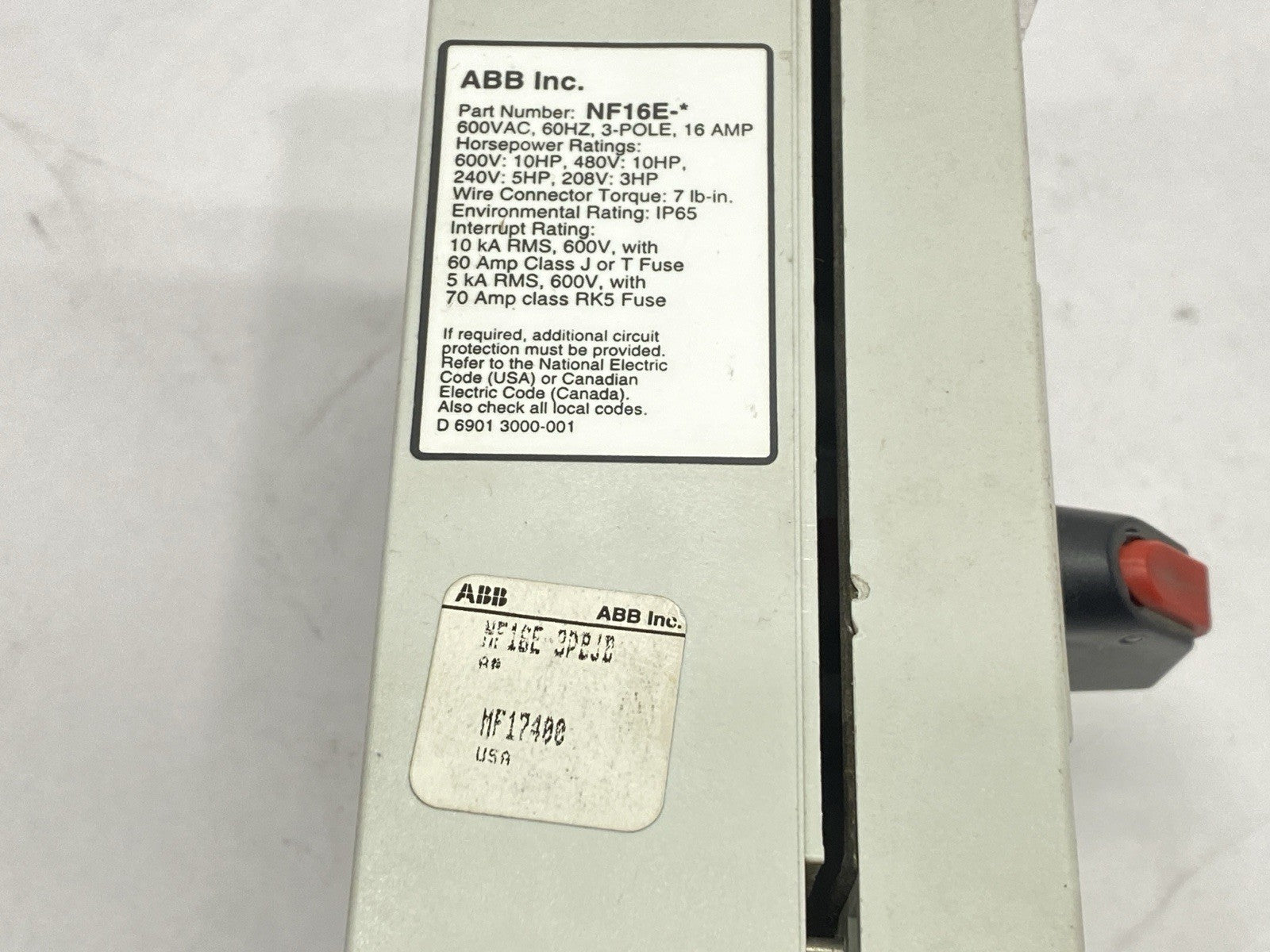 NF16E-3PBJB | ABB Enclosed Non-Fused Disconnect Switch 16A 3P 600VAC - Used - Maverick Industrial Sales