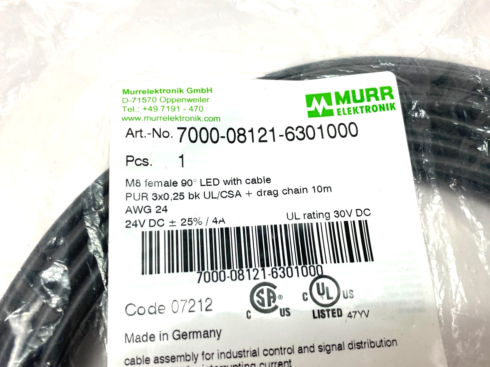 Murrelektronik 7000-08121-6301000 Single Ended M8 Female 90° A-cod. LED Cordset - Maverick Industrial Sales