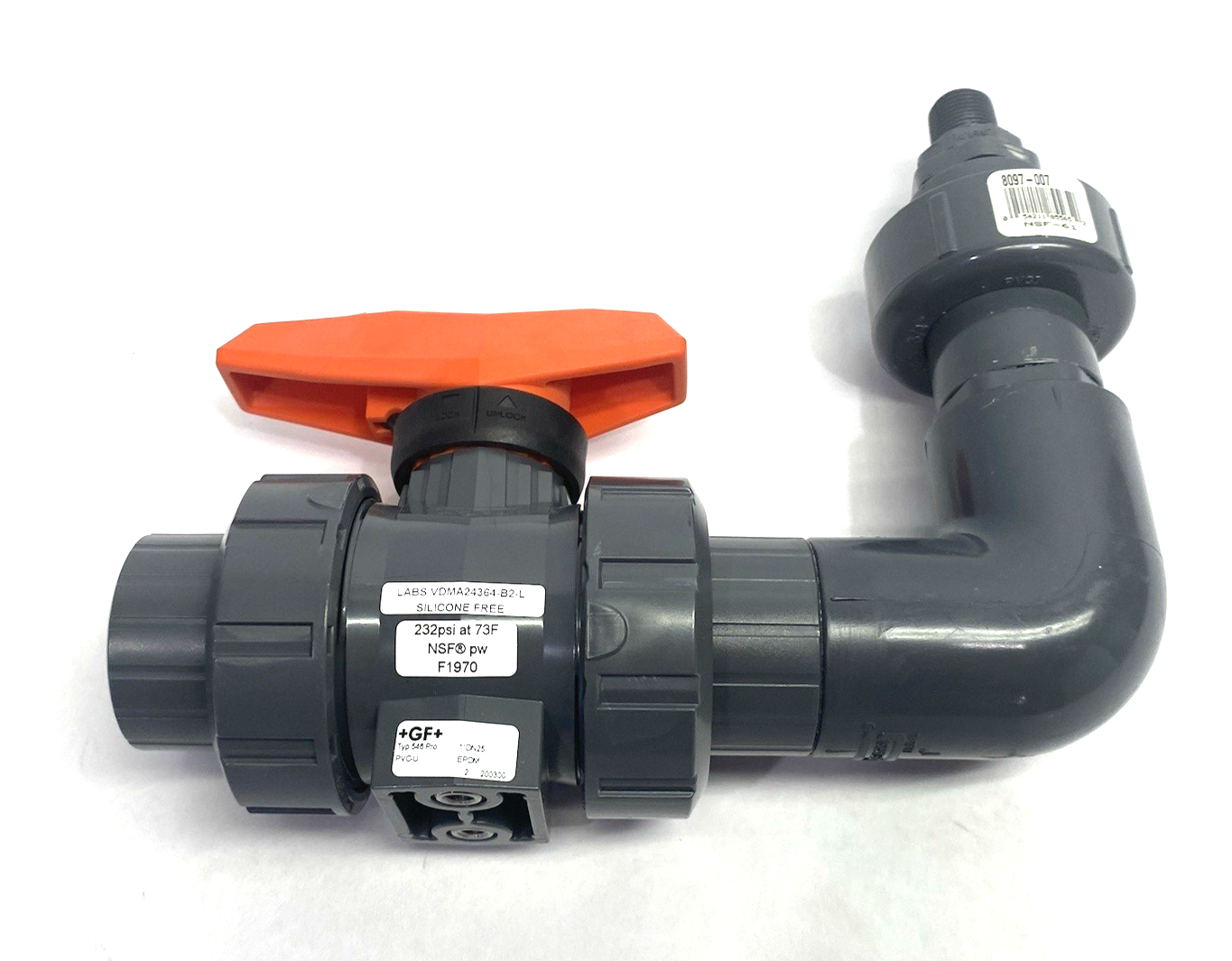 161546244 | Georg Fischer Typ 546 Pro Ball Valve PVC-U, 1" Socket Ends, to Rt Angle Adapter - New – Open box - Maverick Industrial Sales