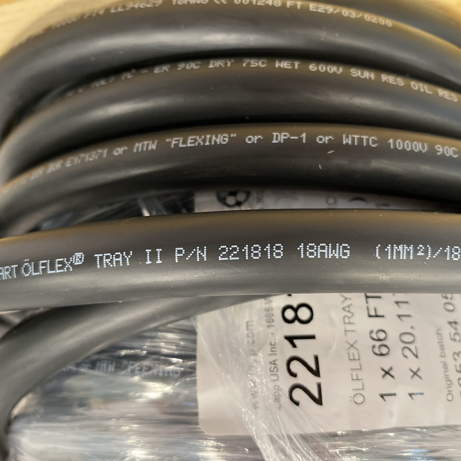 LAPP 221818 Cable OLFLEX TRAY II 18G1 18/18C 66-FT 18C 18 AWG Black - Maverick Industrial Sales