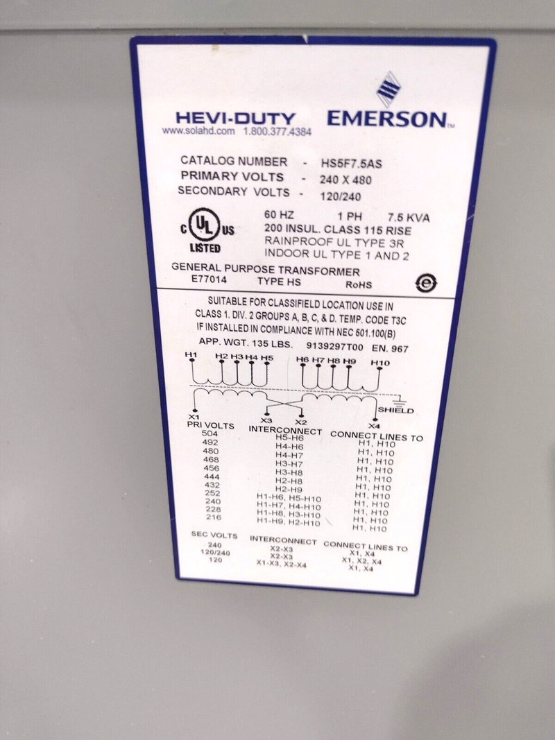 Emerson Hevi-Duty HS5F7.5AS 240V x 480V ~ 120V/240V 1PH 7.5KVA Transformer - Maverick Industrial Sales