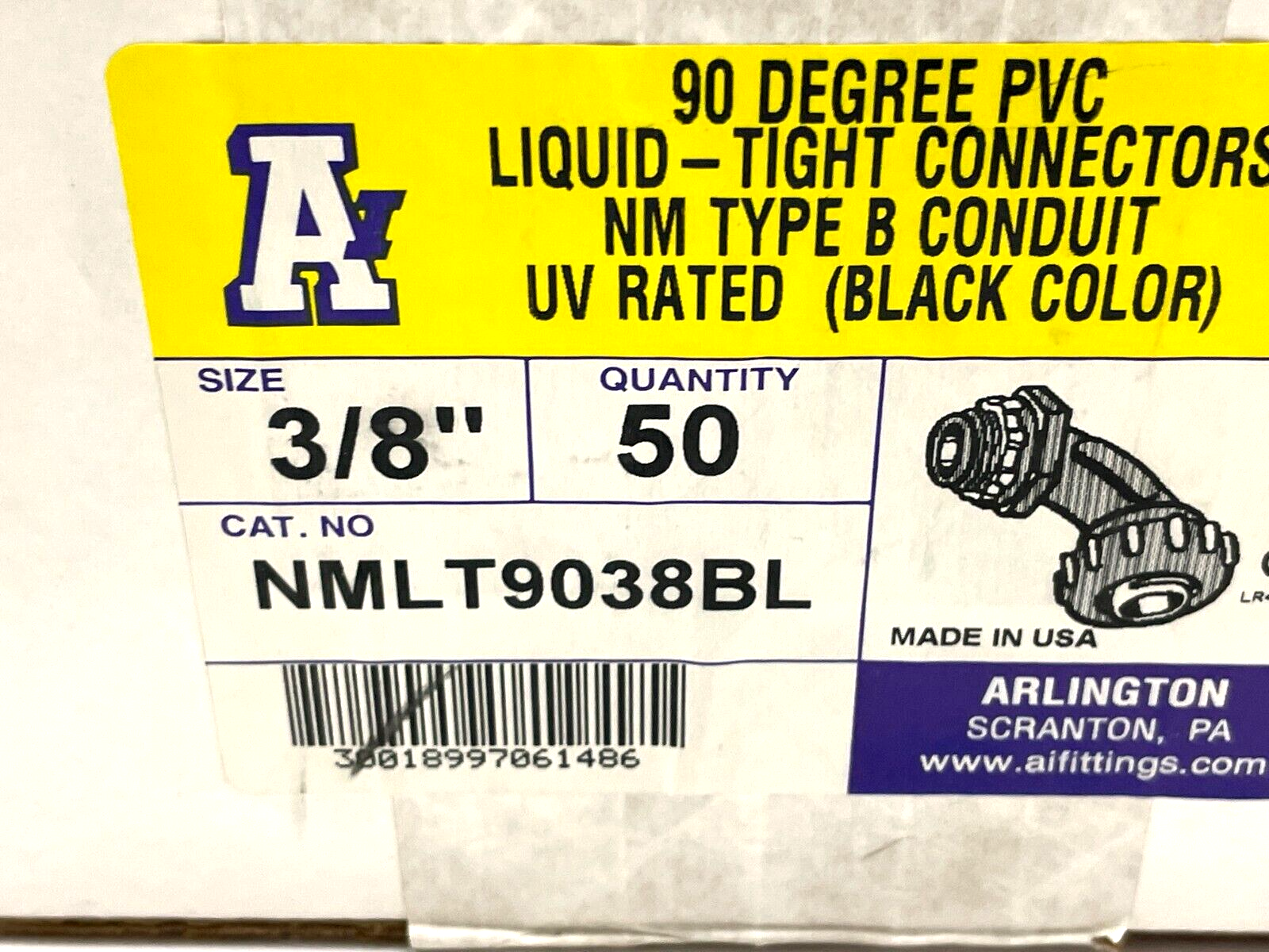 Arlington NMLT9038BL Non-Metallic 90 Degree Connector 3/8" PKG OF 50 - Maverick Industrial Sales