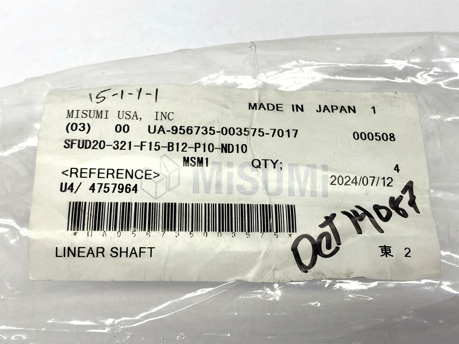 Misumi SFUD20-321-F15-B12-P10-ND10 Linear Shaft 321mm Length PACKAGE OF 4 - Maverick Industrial Sales