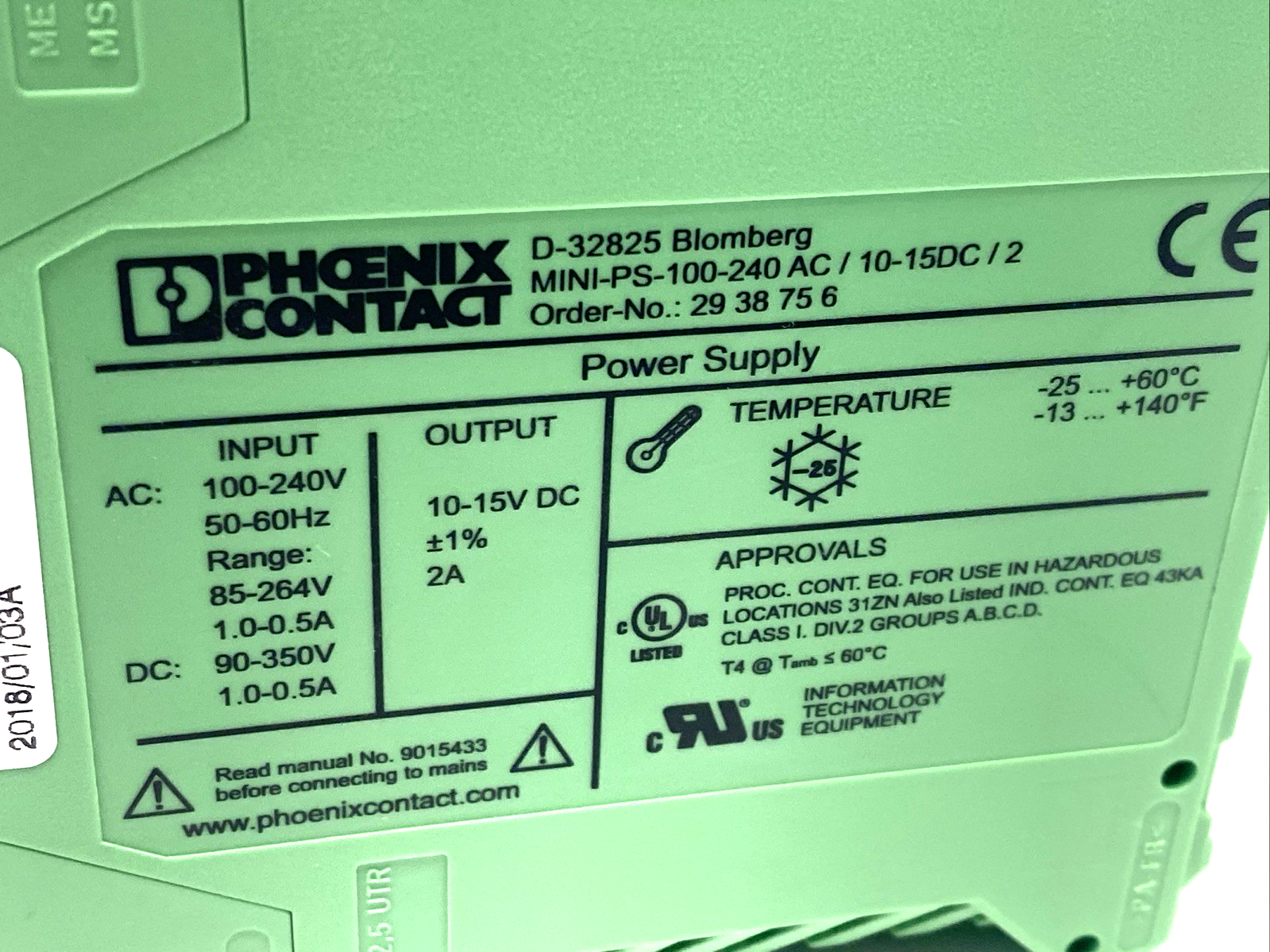 MINI-PS-100-240AC/10-15DC/2,2938756 | Phoenix Contact MINI-PS-100-240AC/10-15DC/2 Power Supply 10-15V DC 2A 2938756 - Used - Maverick Industrial Sales