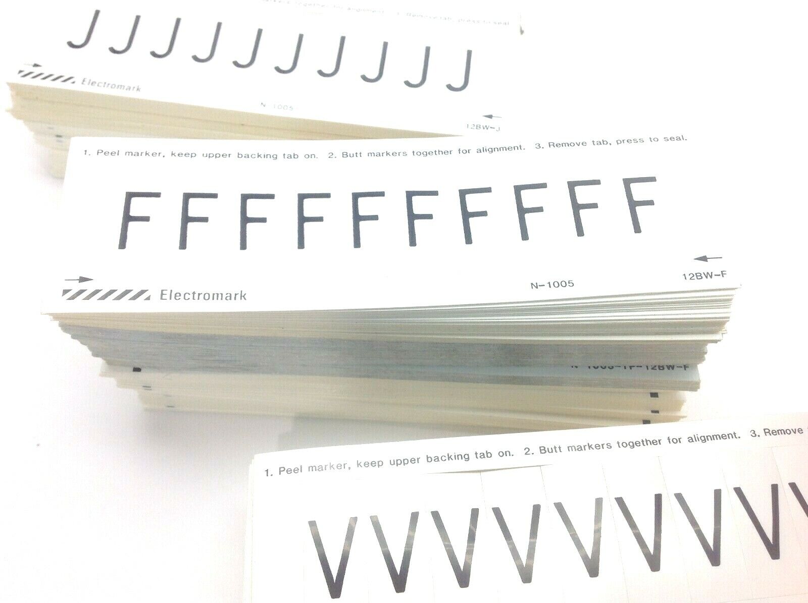 Electromark 1.5" Peel Off Letter Stickers Black on White 3/4" Letter "F" "J" "V" - Maverick Industrial Sales