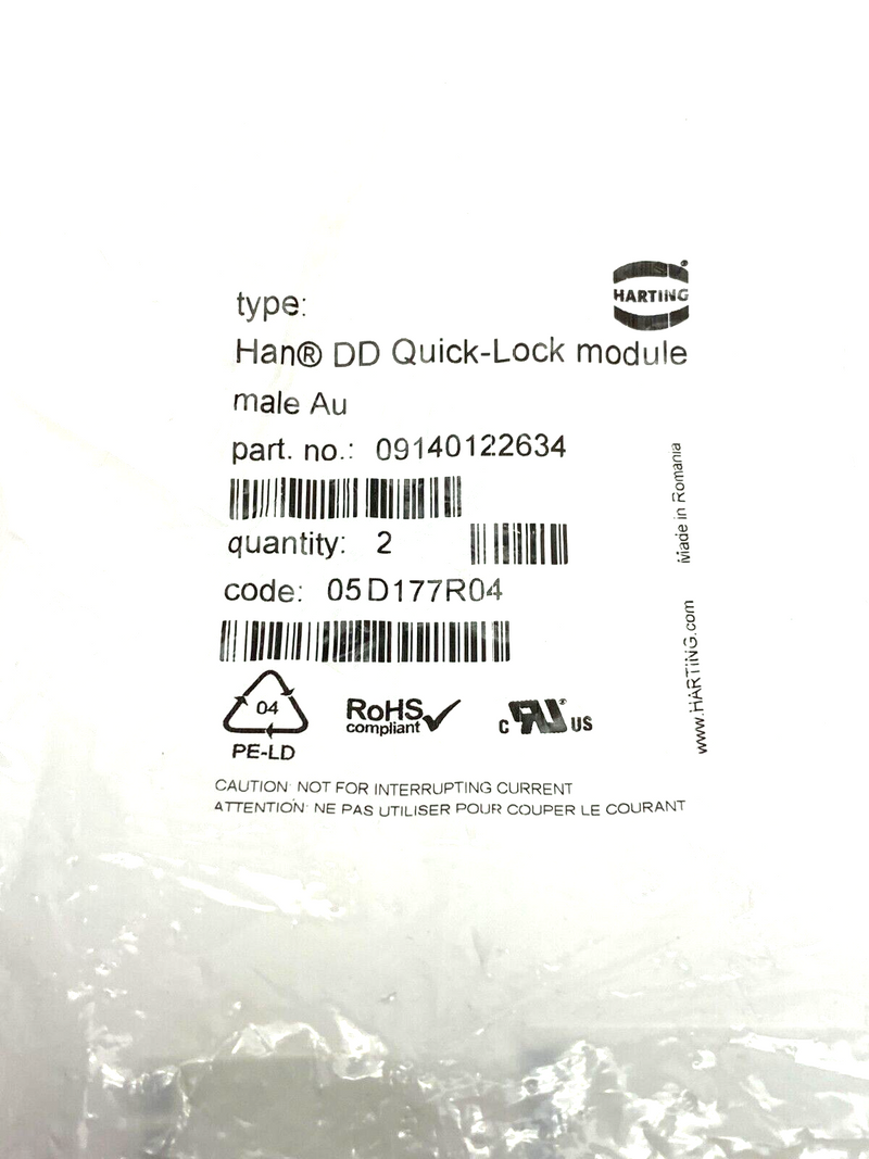 Harting 09140122634 Han DD Heavy Duty Quick-Lock Module Plug PKG OF 2 - Maverick Industrial Sales