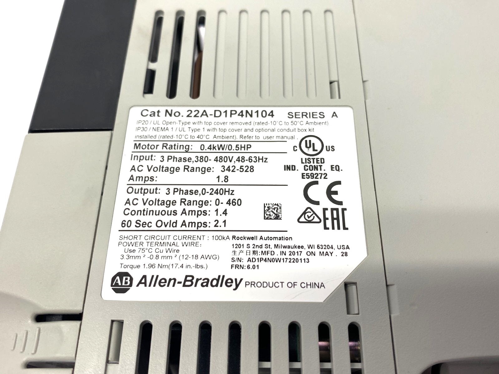 22A-D1P4N104 | Allen Bradley Ser. A PowerFlex 4 AC Drive, 0.5HP, 380-480V, 0.4kW - Used - Maverick Industrial Sales