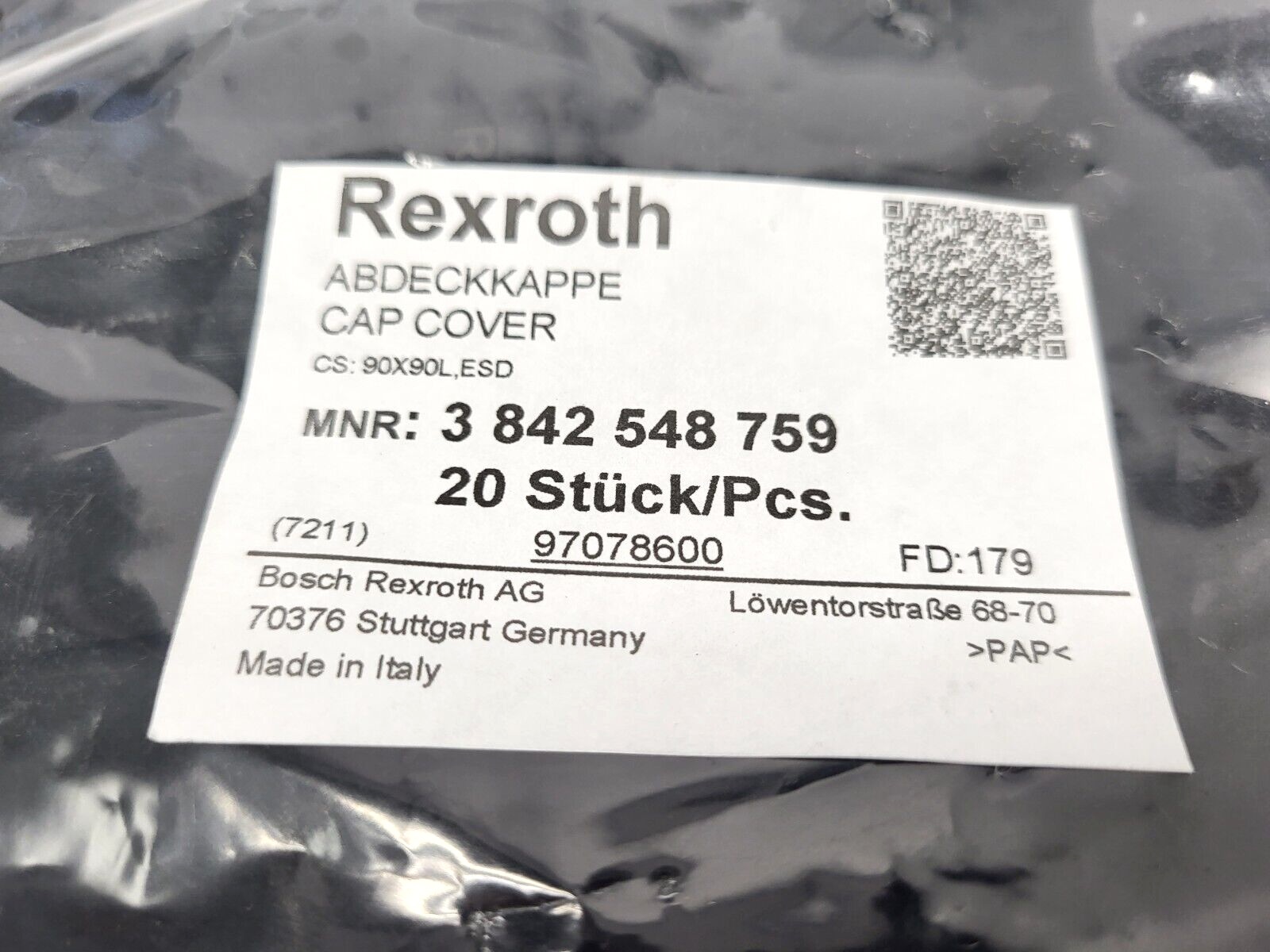 Bosch Rexroth 3842548759 Cap Cover PKG OF 20 - Maverick Industrial Sales