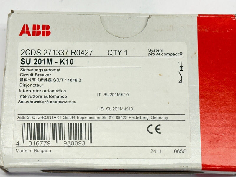 ABB 2CDS 271337 R0427 SU 201M-K10 Circuit Breaker 1 Pole 10A 230VAC - Maverick Industrial Sales