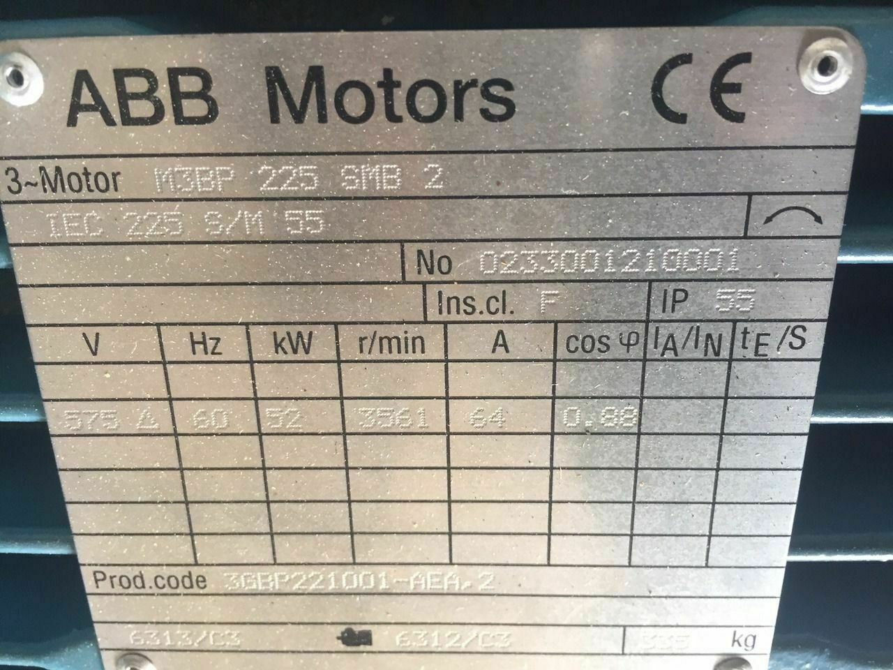 ABB M3BP 225 SMB 2 IEC 225 S/M 55, 52KW, 3561 RPM 575V 64A IP 55 Electric Motor - Maverick Industrial Sales