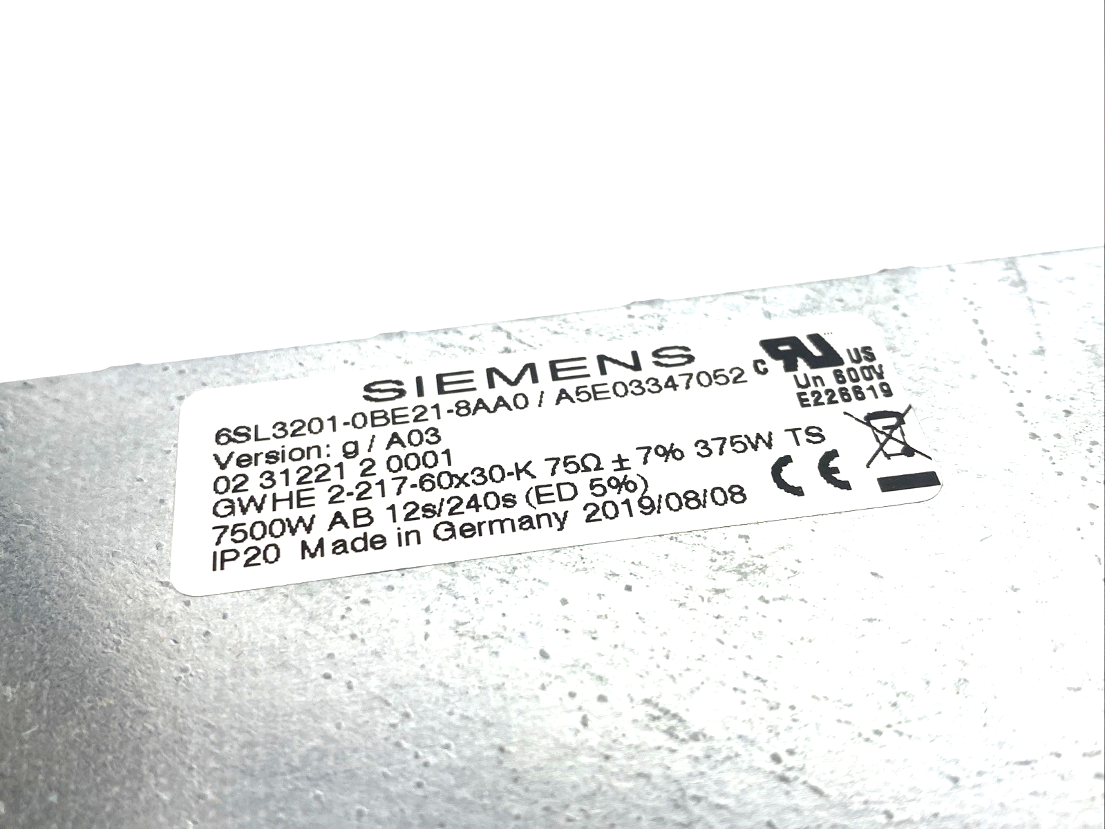Siemens 6SL3201-0BE21-8AA0 SINAMICS Braking Resistor, 75 Ohm, 375W 480VAC - Maverick Industrial Sales