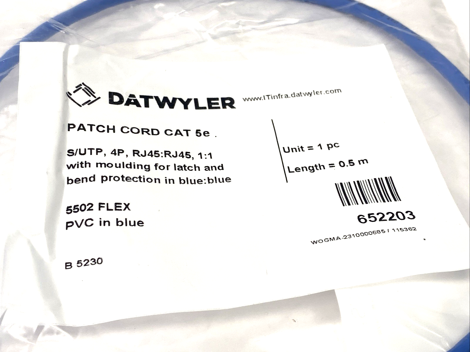 652203 | Datwyler CAT 5e Ethernet Patch Cable, PVC 0.5m RJ45 5502 FLEX LOT OF 5 - New - Maverick Industrial Sales