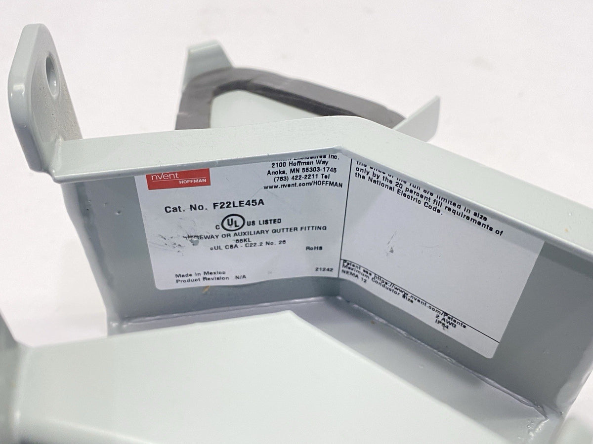 F22LE45A | Hoffman 45 Degree Lay-In Wireway Elbow 2.5" x 2.5" Gray Steel Type 12 - New – Open box - Maverick Industrial Sales