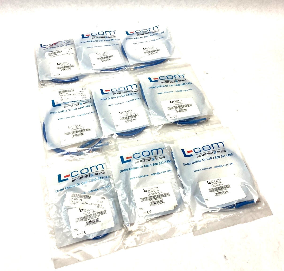L-Com TRD815BL-3 Ethernet Patch Cable Cat5e Blue LOT OF 9 - Maverick Industrial Sales