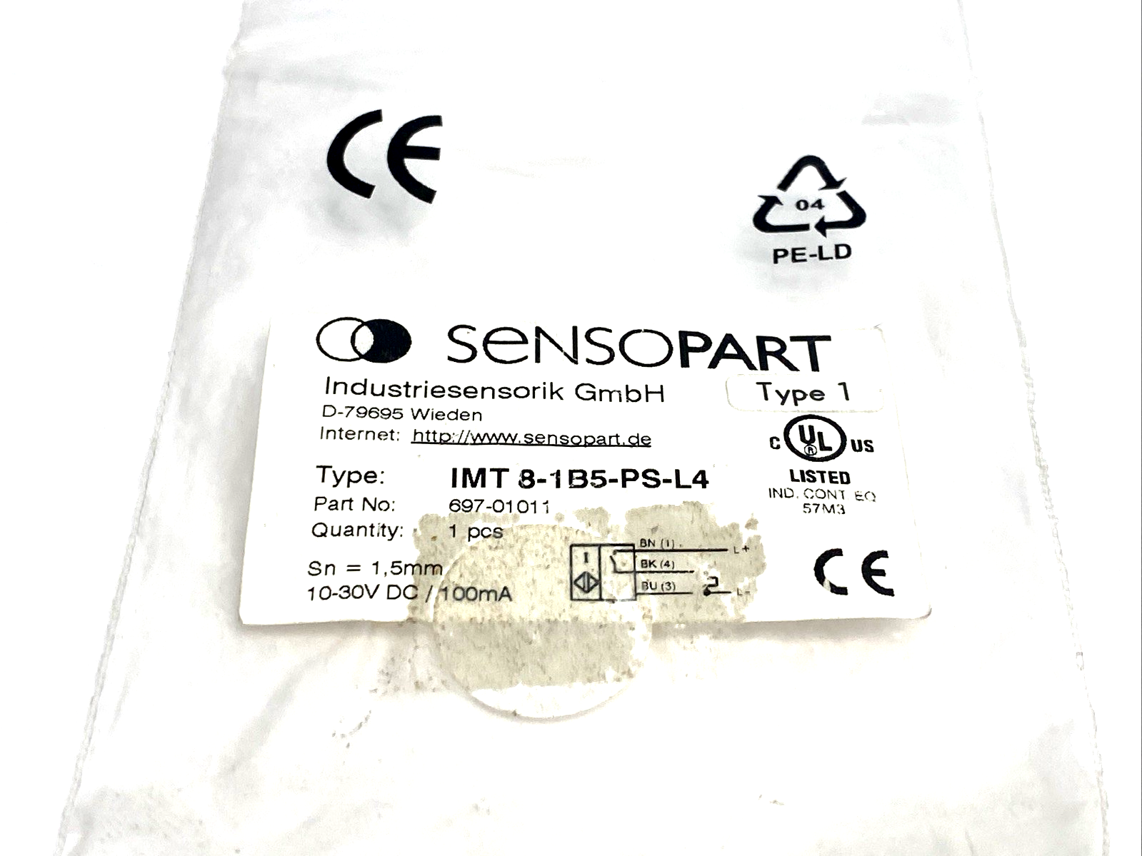 697-01011 | SensoPart Inductive Sensor M8 Body M12 Connector IMT 8-1B5-PS-L4 - New – Open box - Maverick Industrial Sales