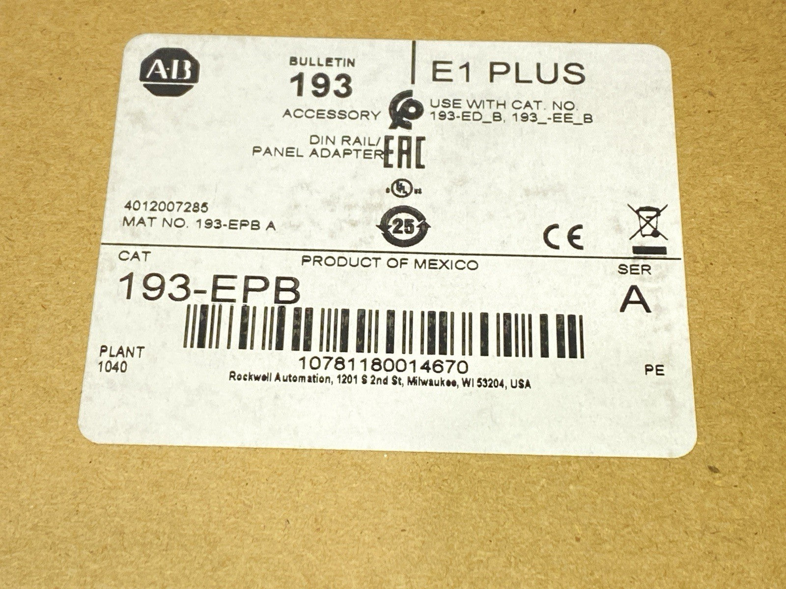 193-EPB | Allen Bradley Ser A E1 Plus DIN Rail/Panel Adapter - New – Open box - Maverick Industrial Sales