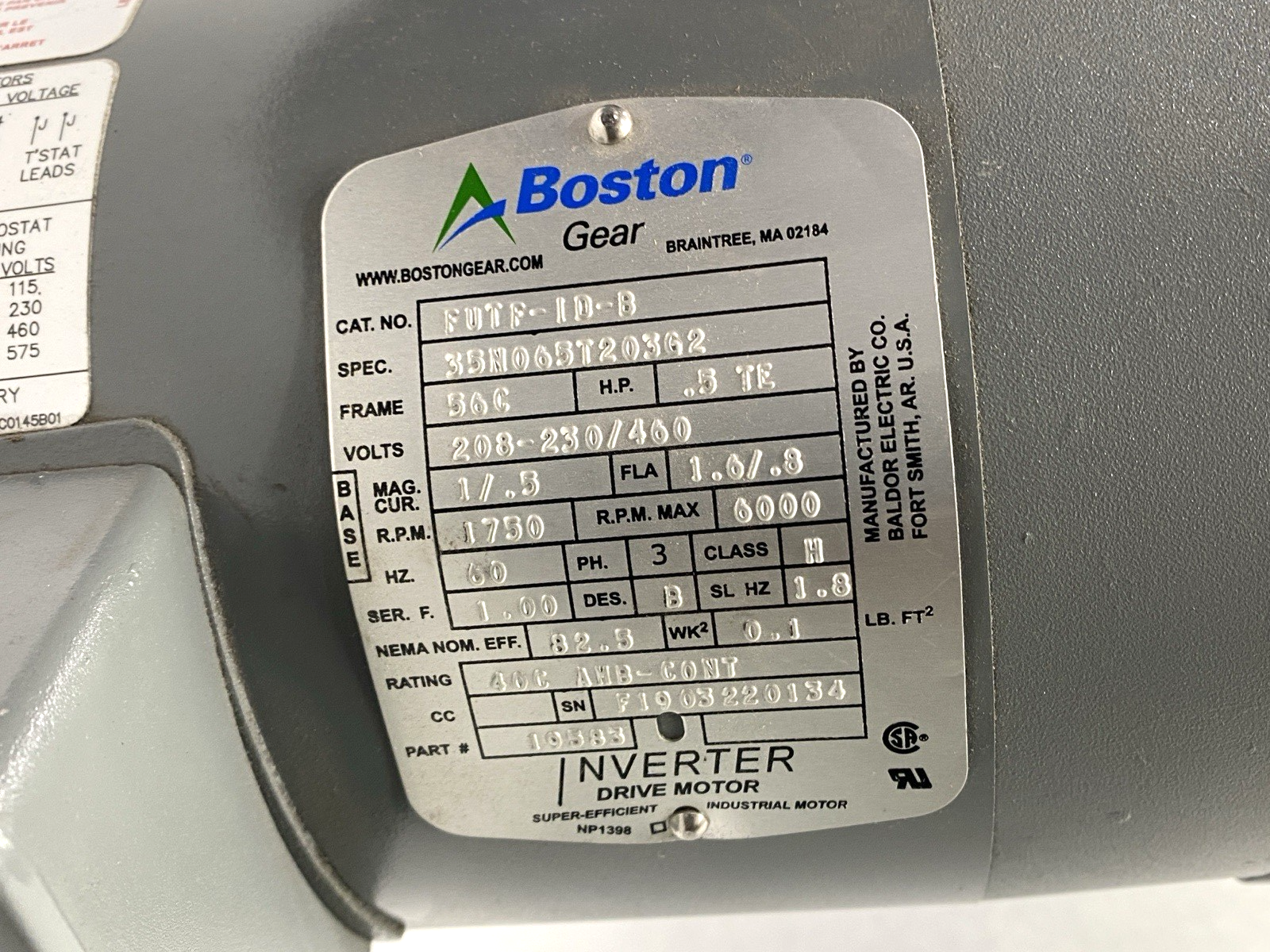 Boston Gear FUTF-1D-B AC Motor 460V 19583 w/ F713-30KPT-B5-J6 Gear Reducer 30:1 - Used - Maverick Industrial Sales