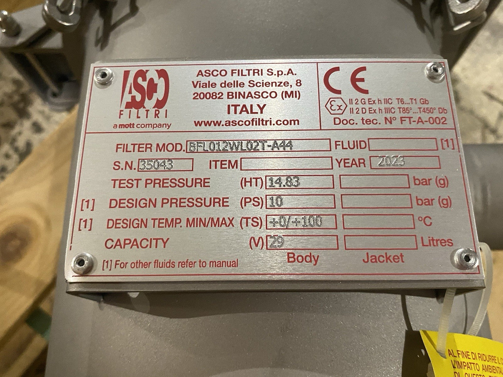 BFL012WL02T-A44 | ASCO Filtri Single Bag Filter Housing - New – Open box - Maverick Industrial Sales