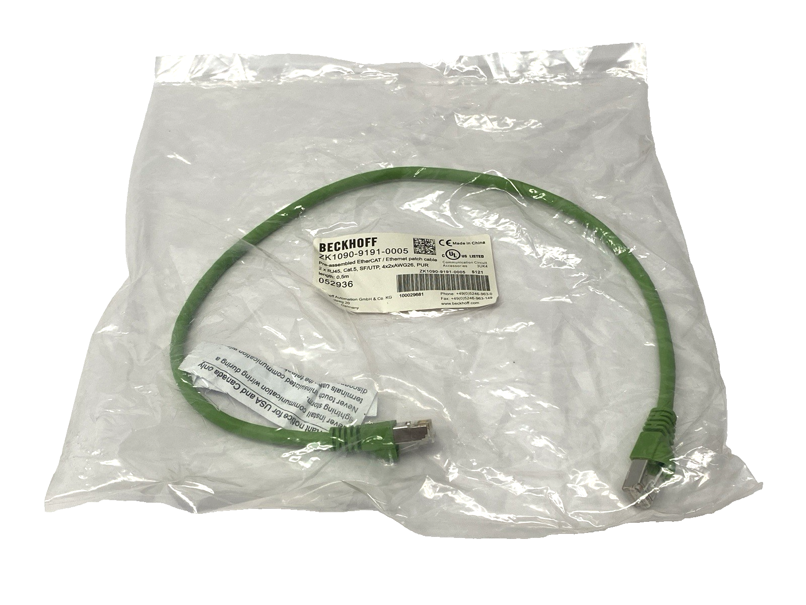 Beckhoff ZK1090-9191-0005 Double-Ended Ethernet Cable RJ45 to RJ45 0.5m Length - Maverick Industrial Sales