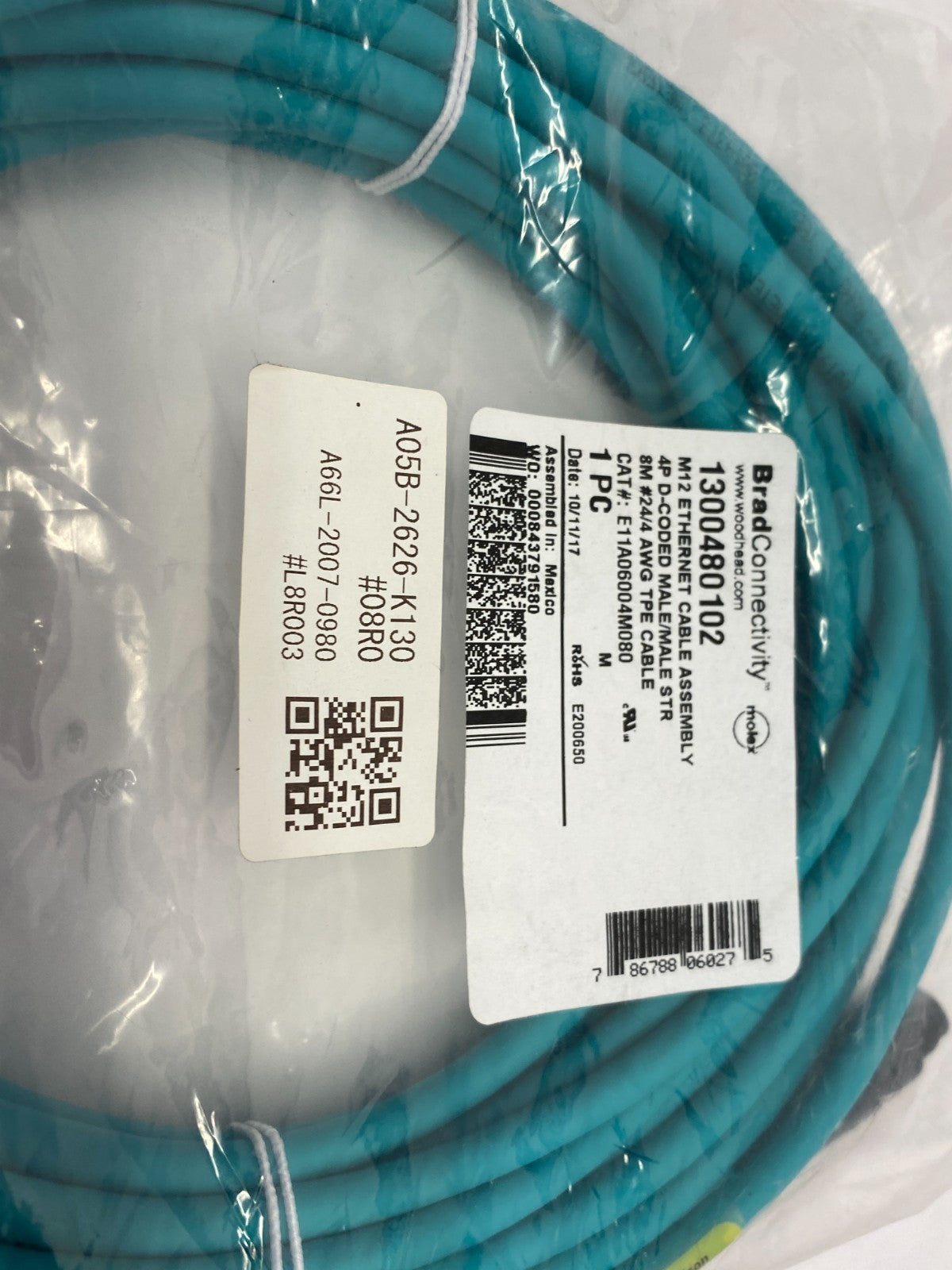 1300480102 | Brad Woodhead Molex Ethernet Cable M12 4P D-Coded E11A06004M080 - New - Maverick Industrial Sales
