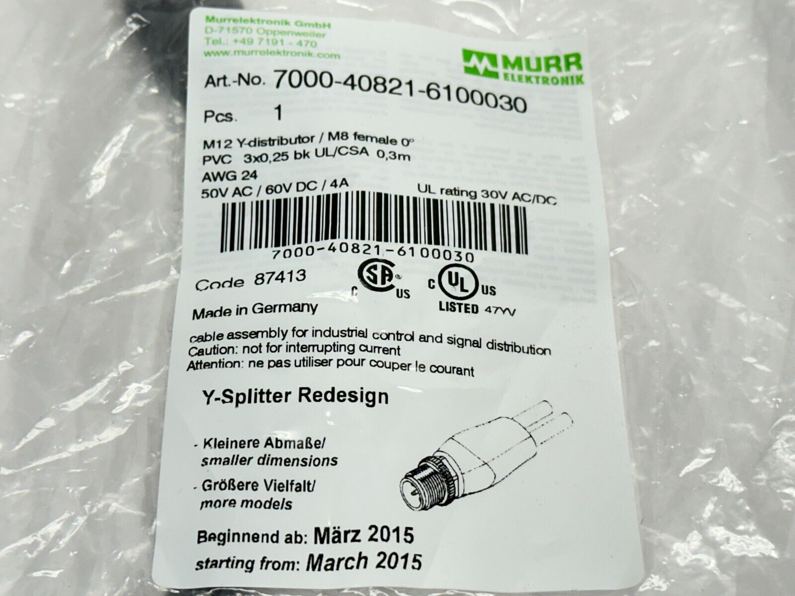 Murr Elektronik 7000-40821-6100030 Y-Distributor M12 M 4-Pin - M8 F 3-Pin 0.3m - Maverick Industrial Sales