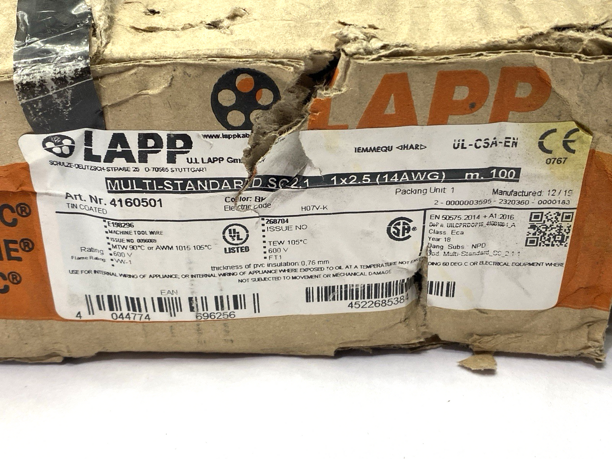 4160501 | Lapp Multi-Standard Hook-Up Wire Black 1x2.5 14AWG SPOOL OF 100M - New – Open box - Maverick Industrial Sales