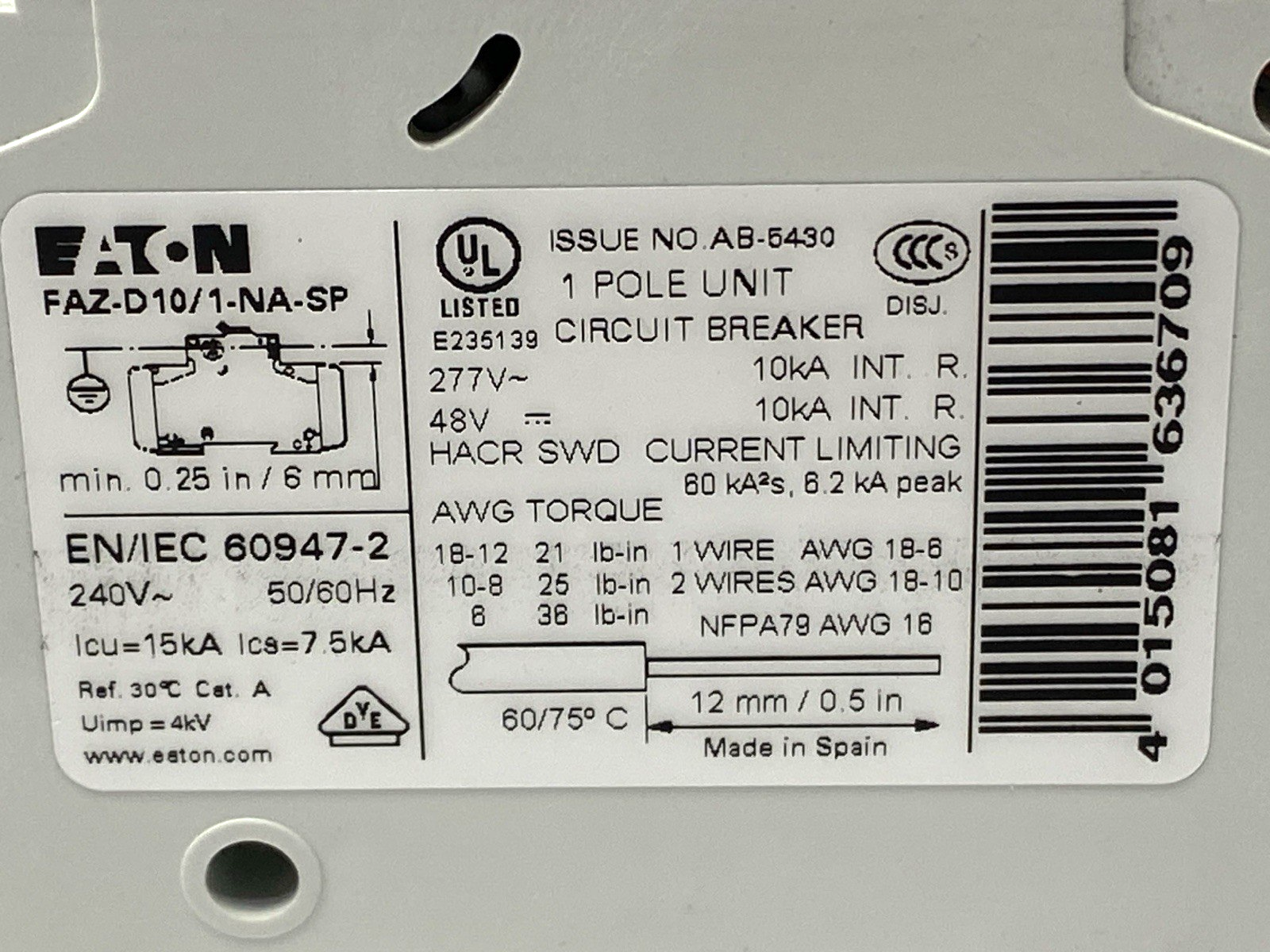 Eaton FAZ-D10/1-NA Miniature Circuit Breaker 1-Pole 277V 10A - Maverick Industrial Sales