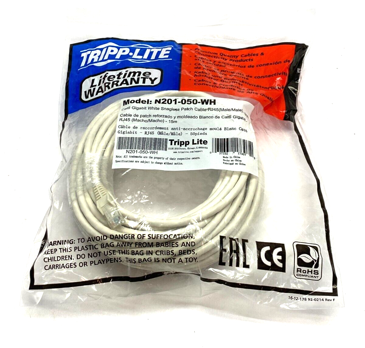 Tripp Lite N201-050-WH Cat6 Gigabit White Snagless Patch Cable RJ45 M to M 50ft - Maverick Industrial Sales