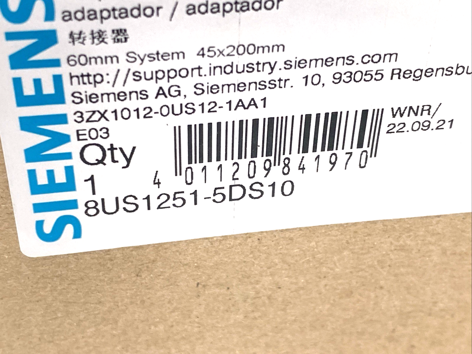 Siemens 8US1251-5DS10 Device Adapter S00/S0 25A 45x200mm, For 60mm Busbar System - Maverick Industrial Sales