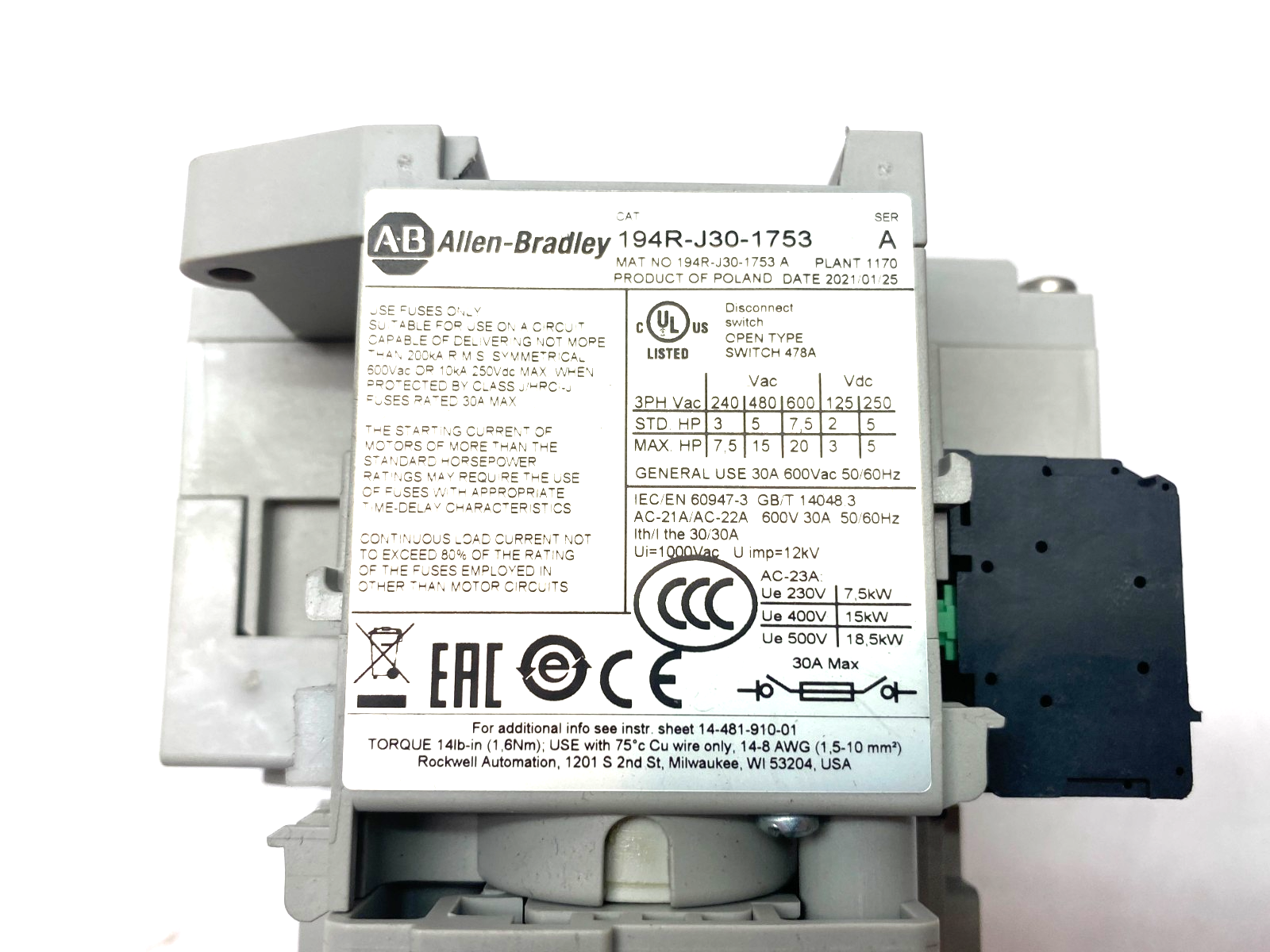 Allen Bradley 194R-J30-1753-PYN1 Ser. A Disconnect Switch w/ 194R-PY Handle - Maverick Industrial Sales