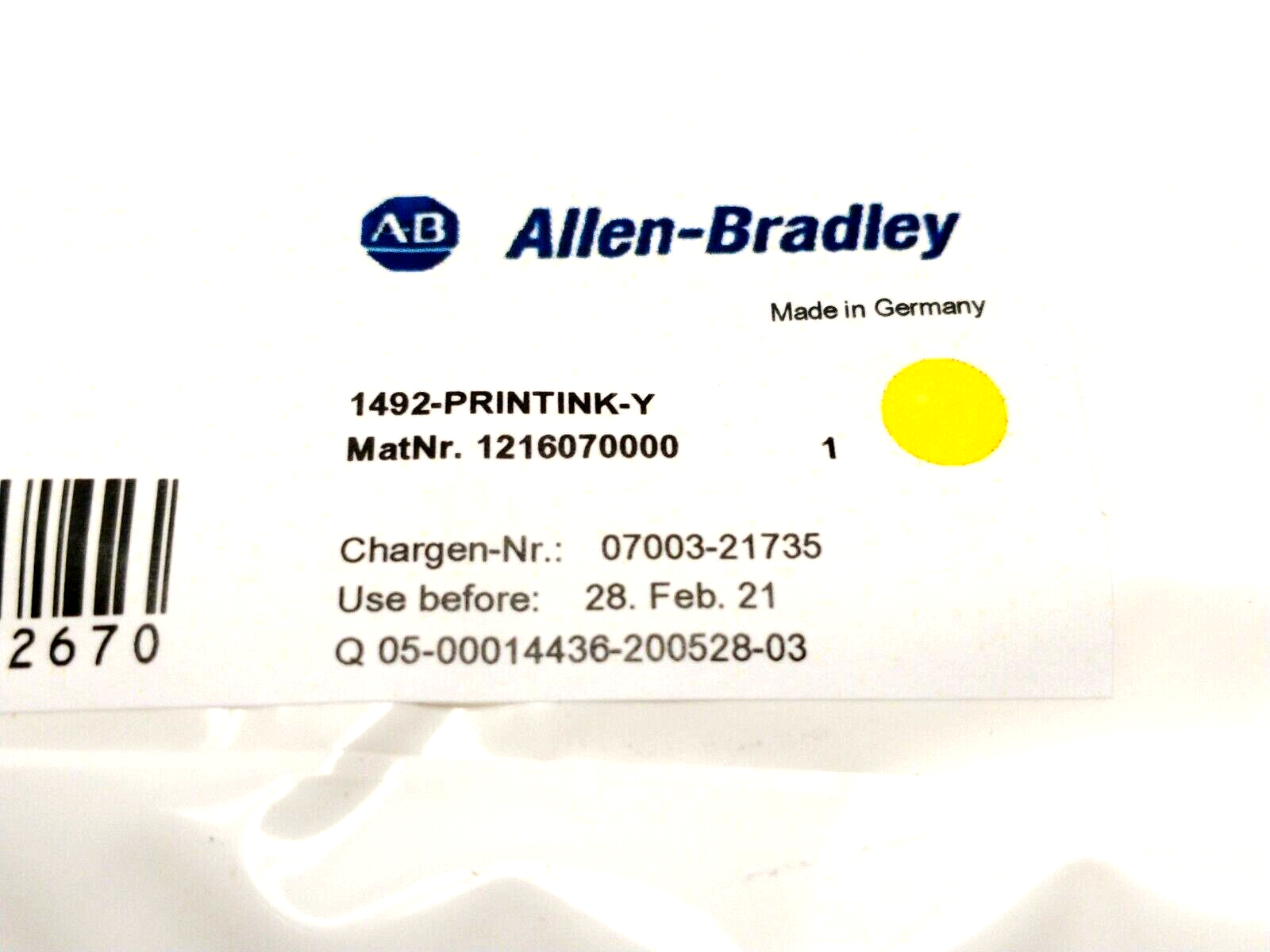 1492-PRINTINK-Y | Allen Bradley Printer Ink Cartridge, Yellow EXP 28. Feb. 21 - New – Open box - Maverick Industrial Sales