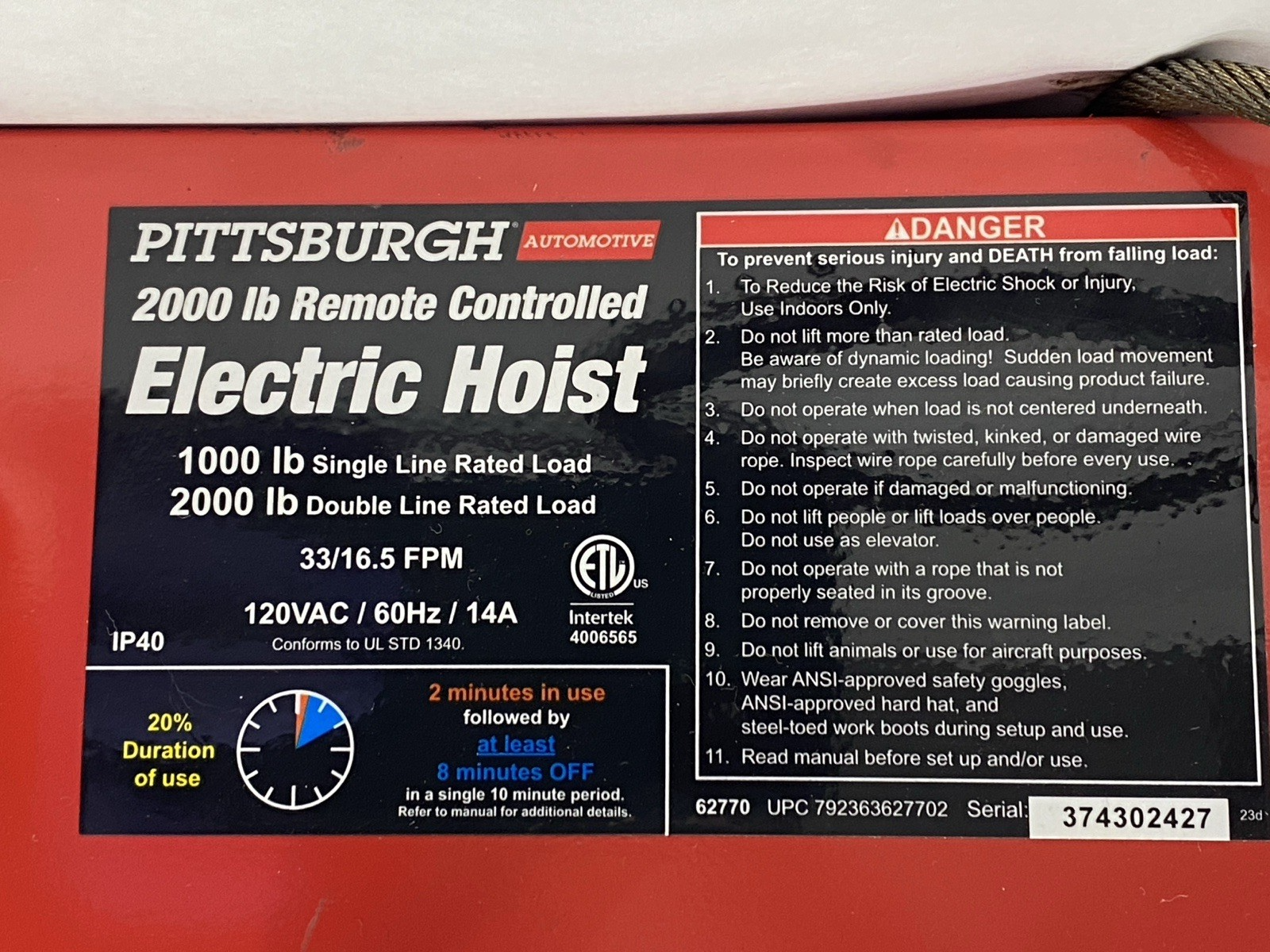 | Pittsburgh 2000 lb Remote Controlled Electric Hoist - For parts or not working - Maverick Industrial Sales