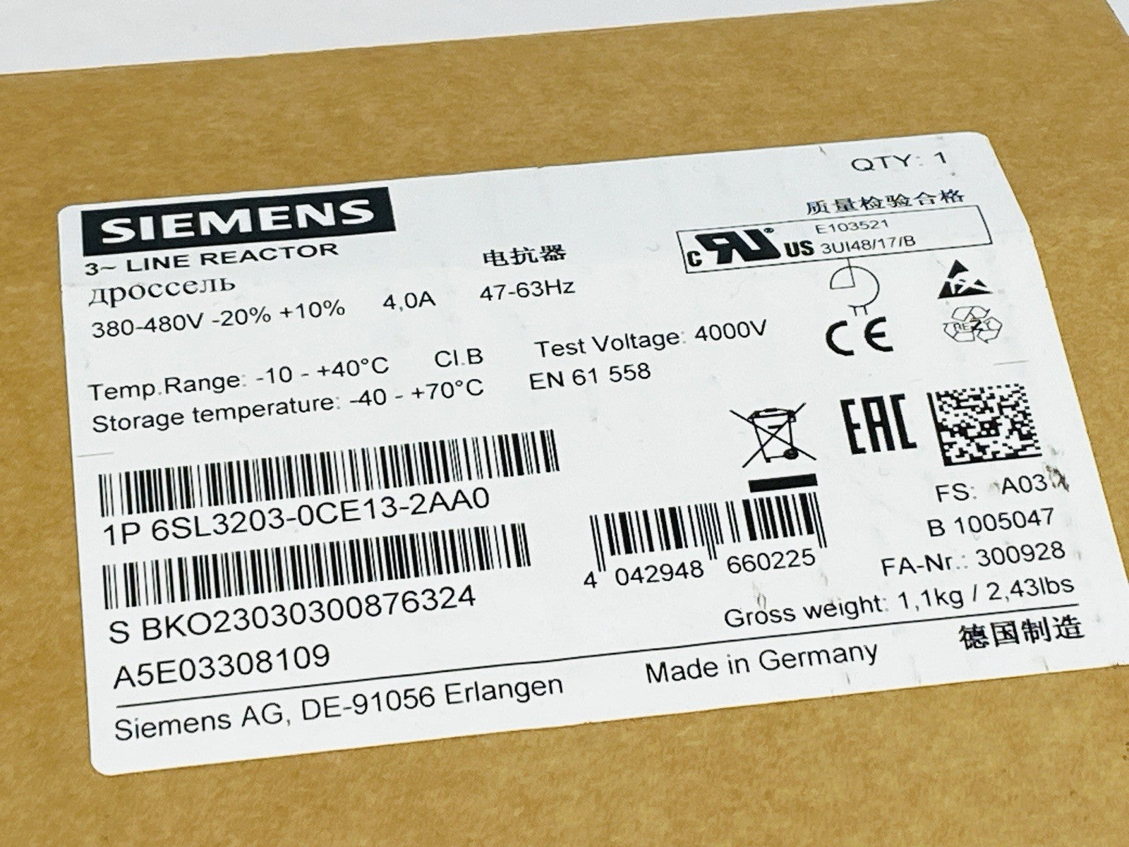 Siemens 6SL3203-0CE13-2AA0 SINAMICS Line Reactor 380-480V 3AC 47-63Hz - Maverick Industrial Sales
