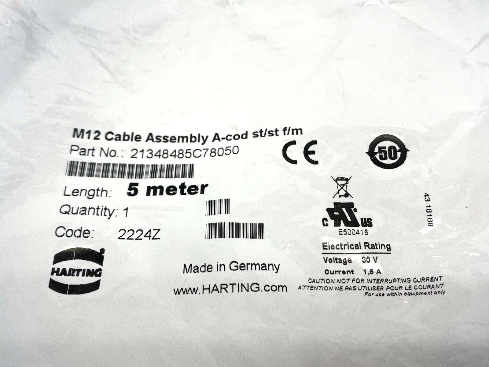 Harting 21348485C78050 Double-Ended Cable Assembly Male to Female M12 5m - Maverick Industrial Sales