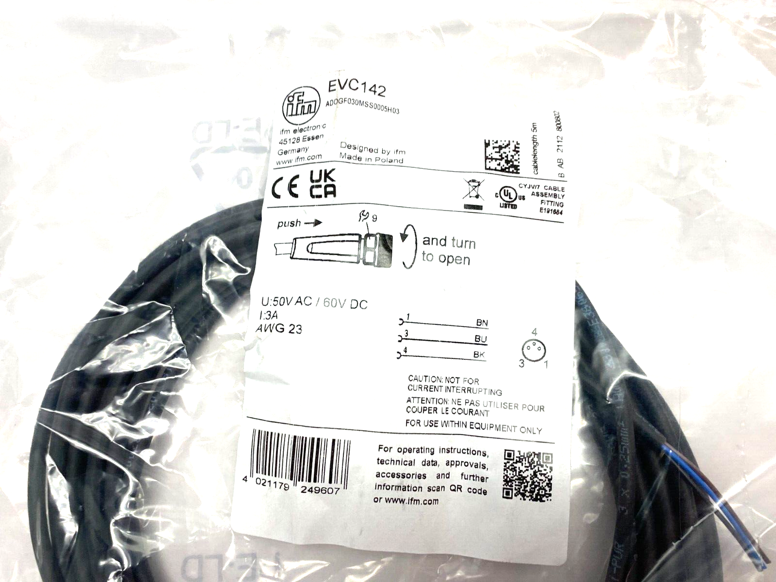 Ifm EVC142 Single Ended Female M8 to Pigtail Cordset ADOGF030MSS0005H03 - Maverick Industrial Sales