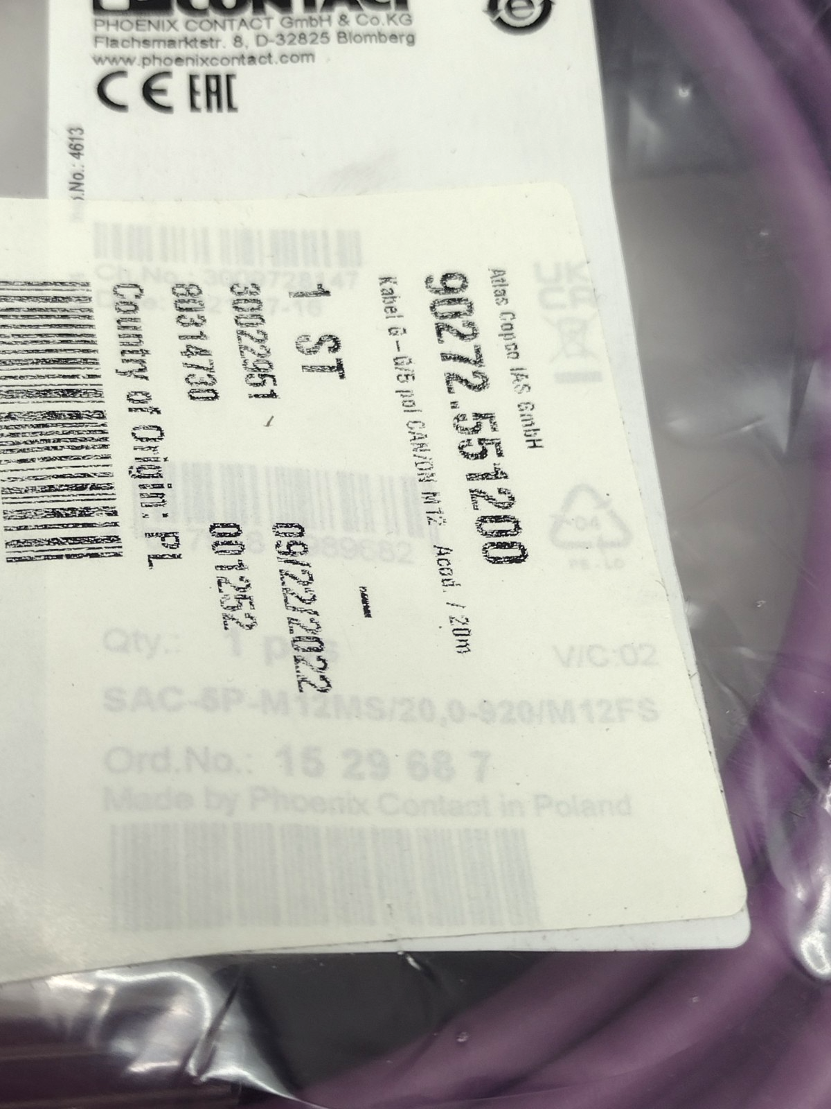 Atlas Copco 90272.551200 Kabel Phoenix Contact SAC-5P-M12MS/20,0-920/M12FS - Maverick Industrial Sales