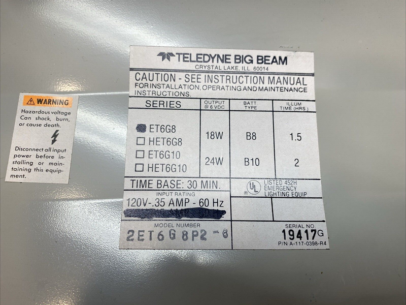 Teledyne Big Beam 2ET6G8P2-8 Emergency Light ET6G8 120V 35A 60Hz - Maverick Industrial Sales