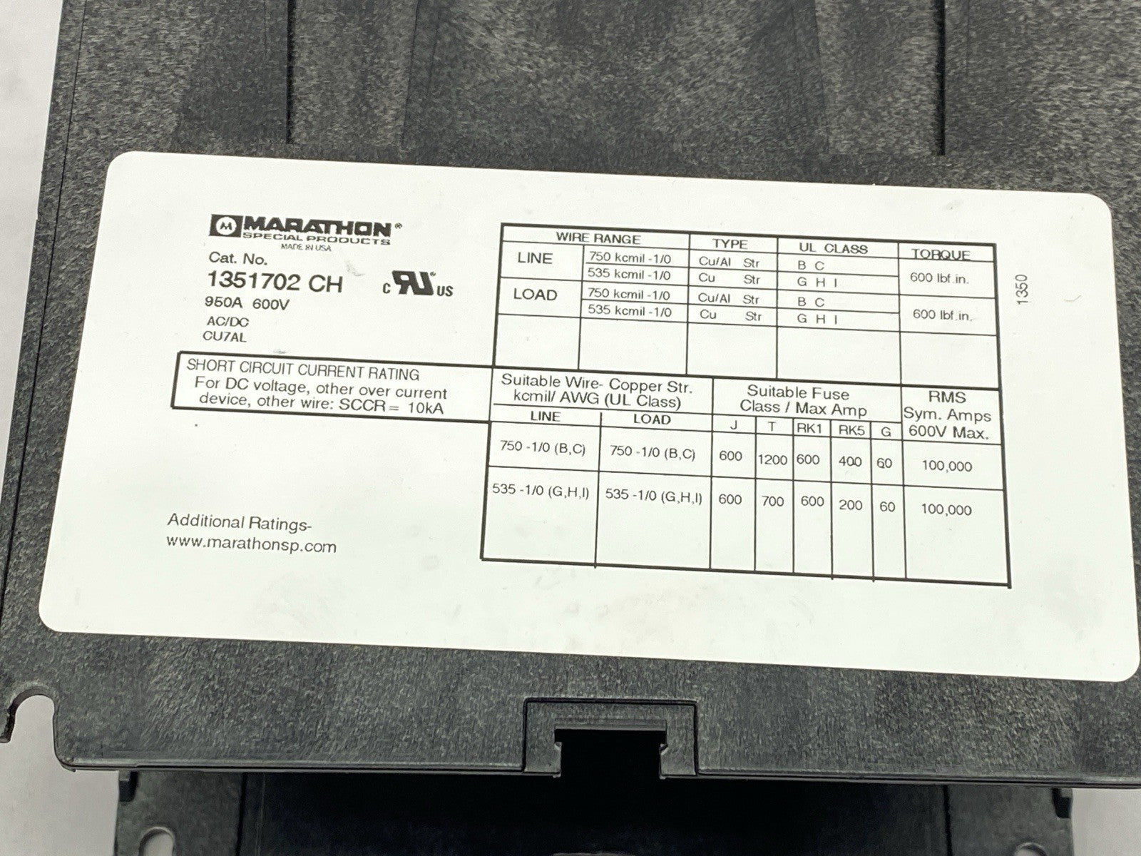 Marathon 1351702CH Power Distribution Block 950A 600V - Maverick Industrial Sales