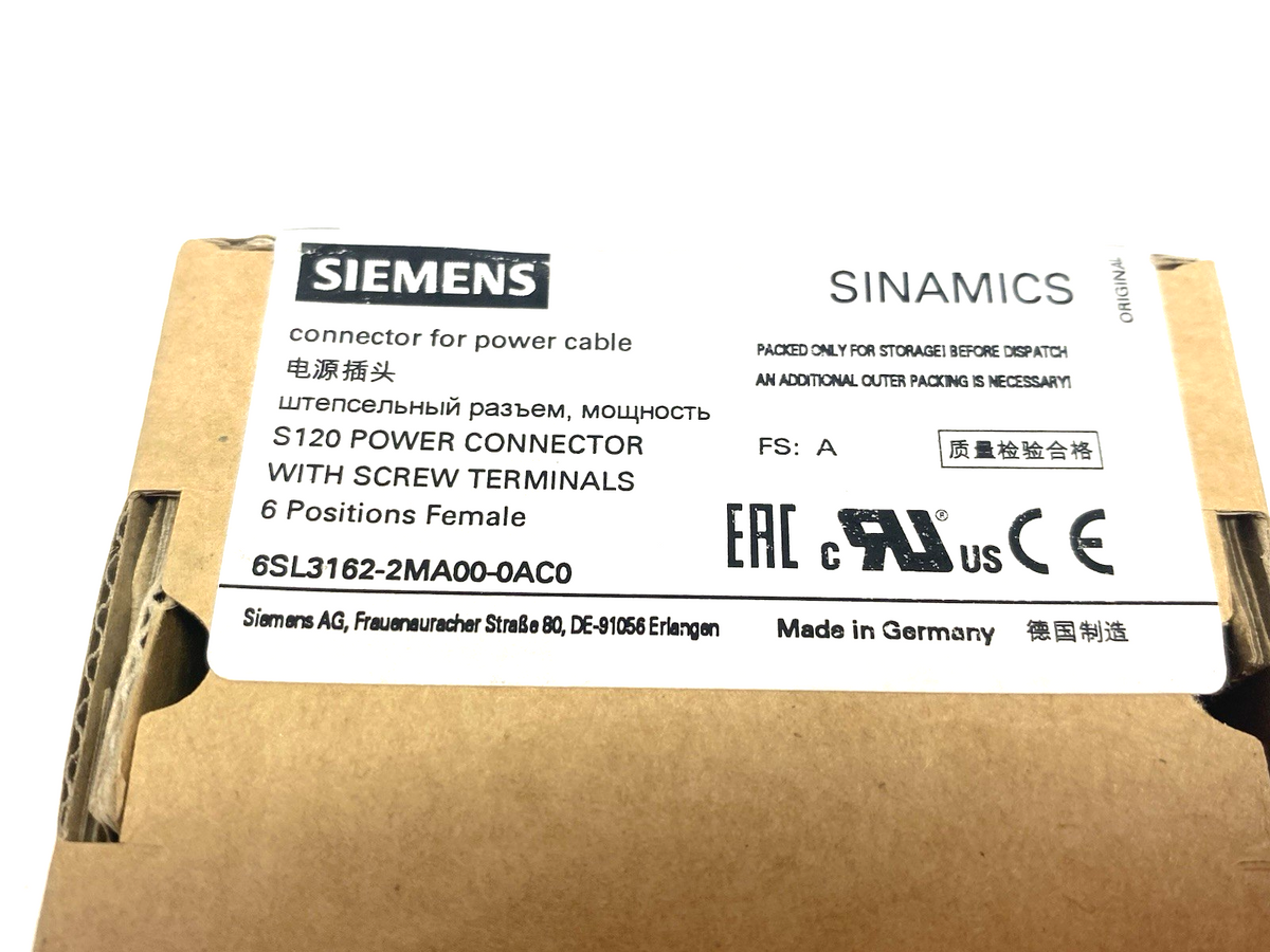 Siemens 6SL3162-2MA00-0AC0 SINAMICS S120 Power Connector for Cable C-/D-TYPE - Maverick Industrial Sales