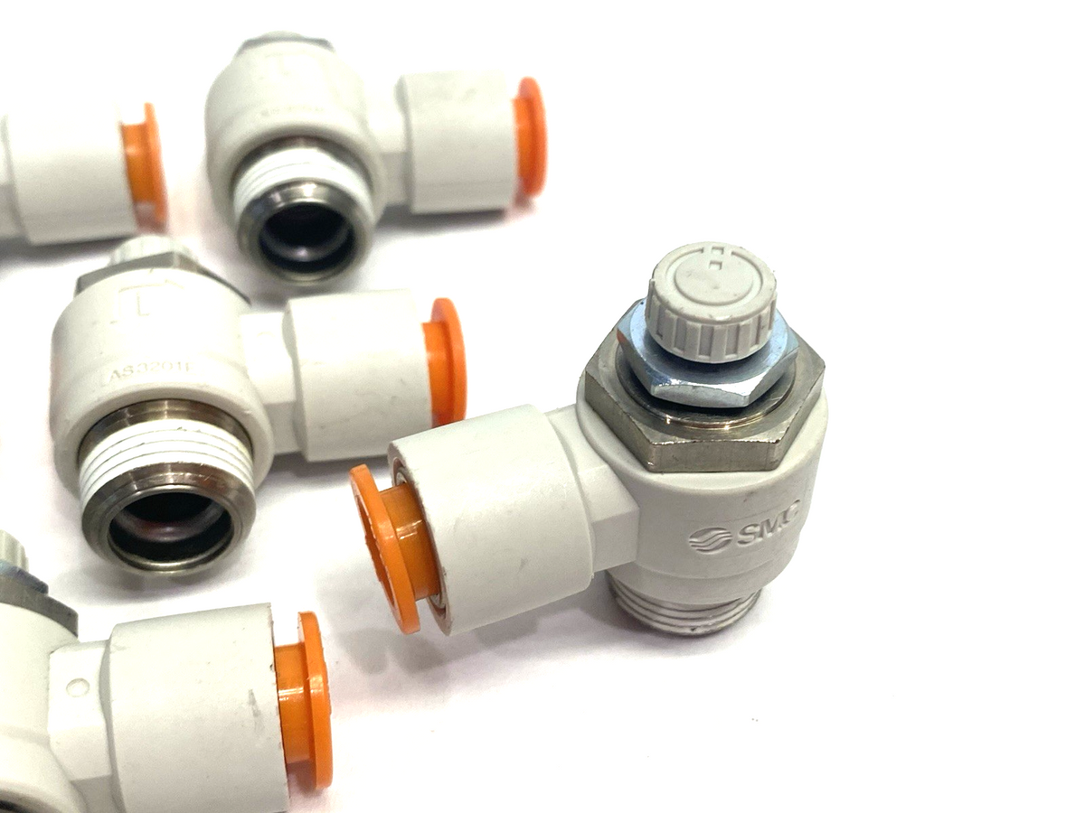 SMC AS3201F-N03-11 Pneumatic Flow Control Elbow Fitting 3/8" Tube OD, LOT OF 7 - Maverick Industrial Sales