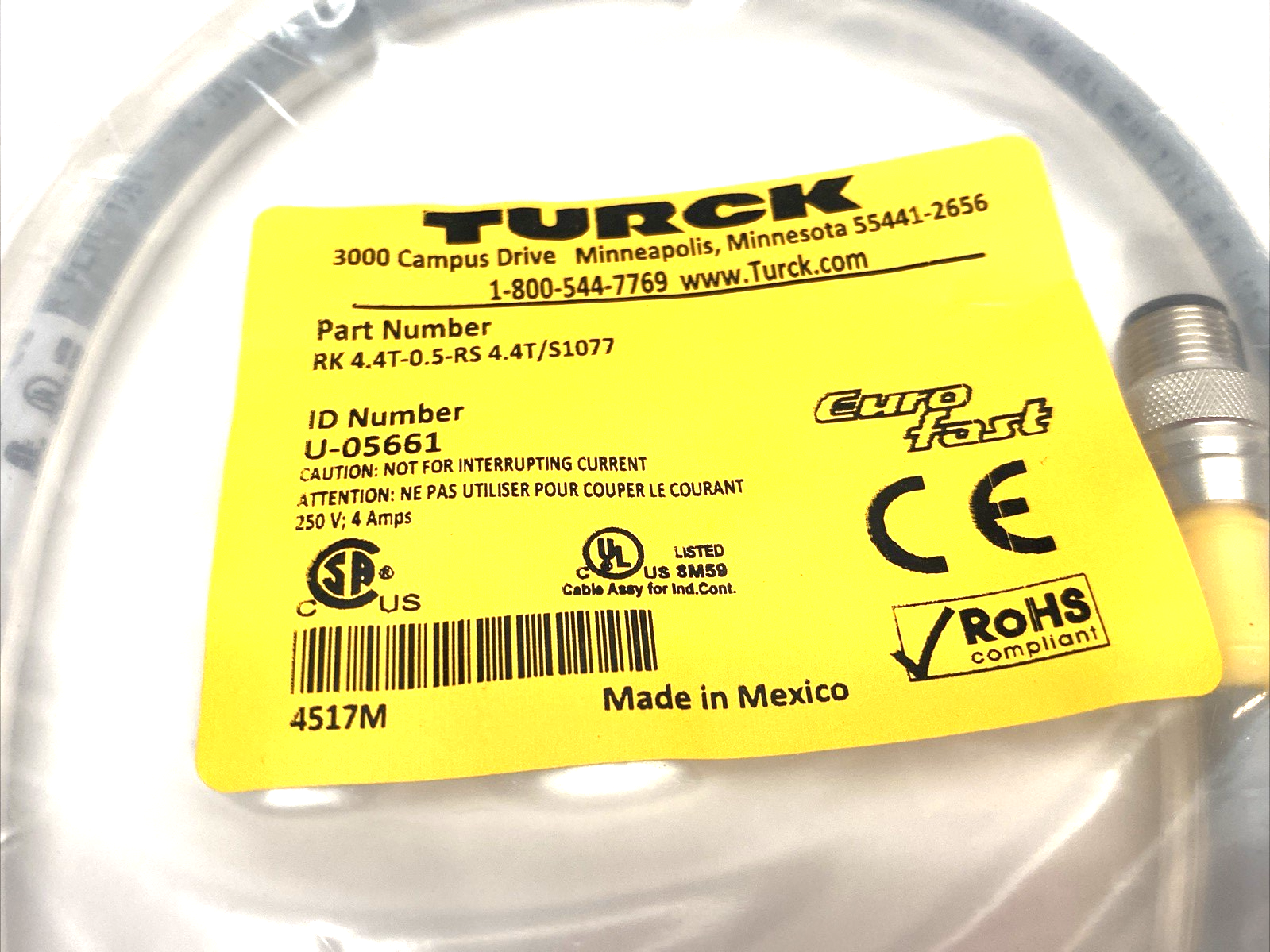 RK 4.4T-0.5-RS 4.4T/S1077 | Turck Eurofast Double Ended Cable M12 Straight U-05661 - New - Maverick Industrial Sales