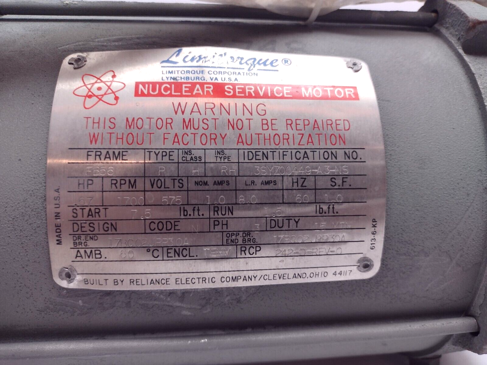 Limitorque 3SYZ00449-A3-NS 0.67HP 1700RPM 575V 3PH 242-D Motor - Maverick Industrial Sales