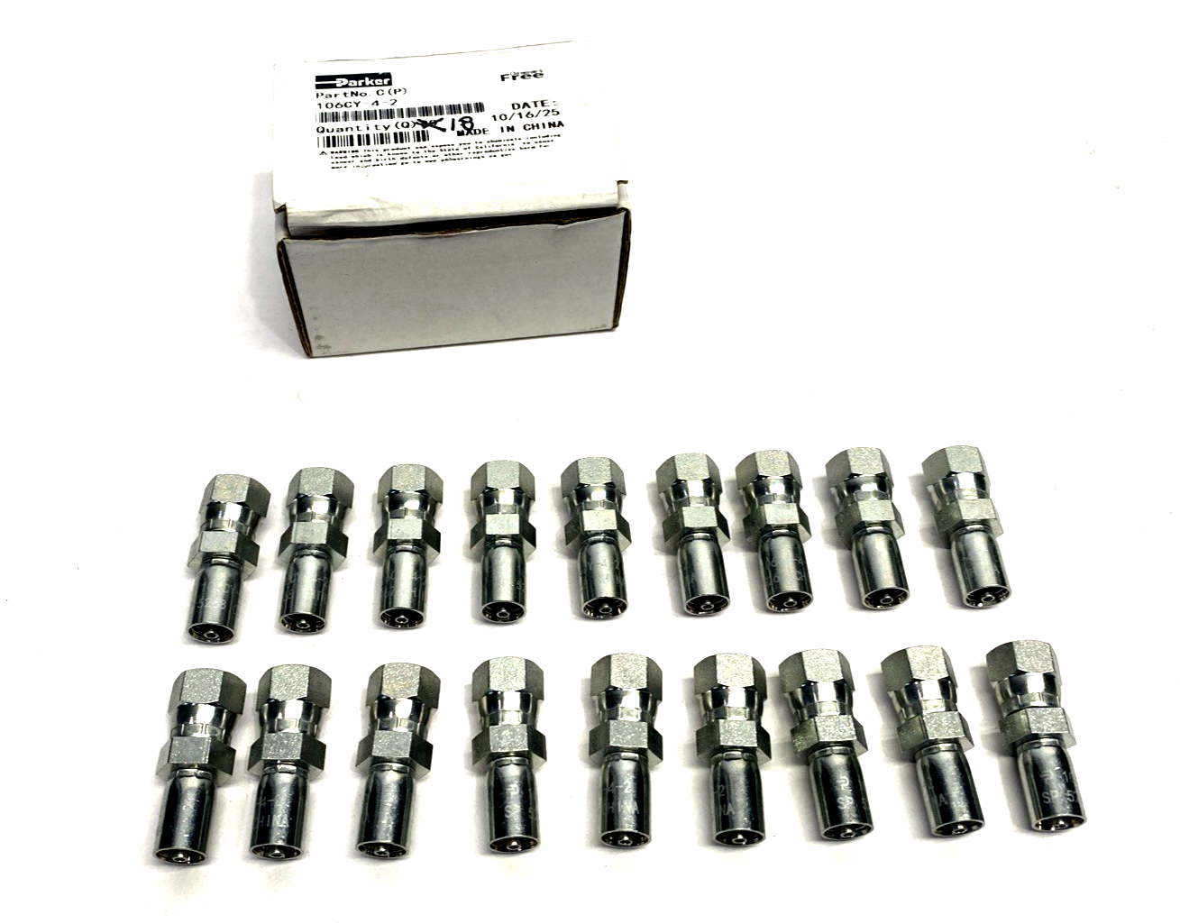 106CY-4-2 | Parker Permanent Parflex Hose Fittings 7/16"-20 Female JIC 37 Deg 18PK - New – Open box - Maverick Industrial Sales