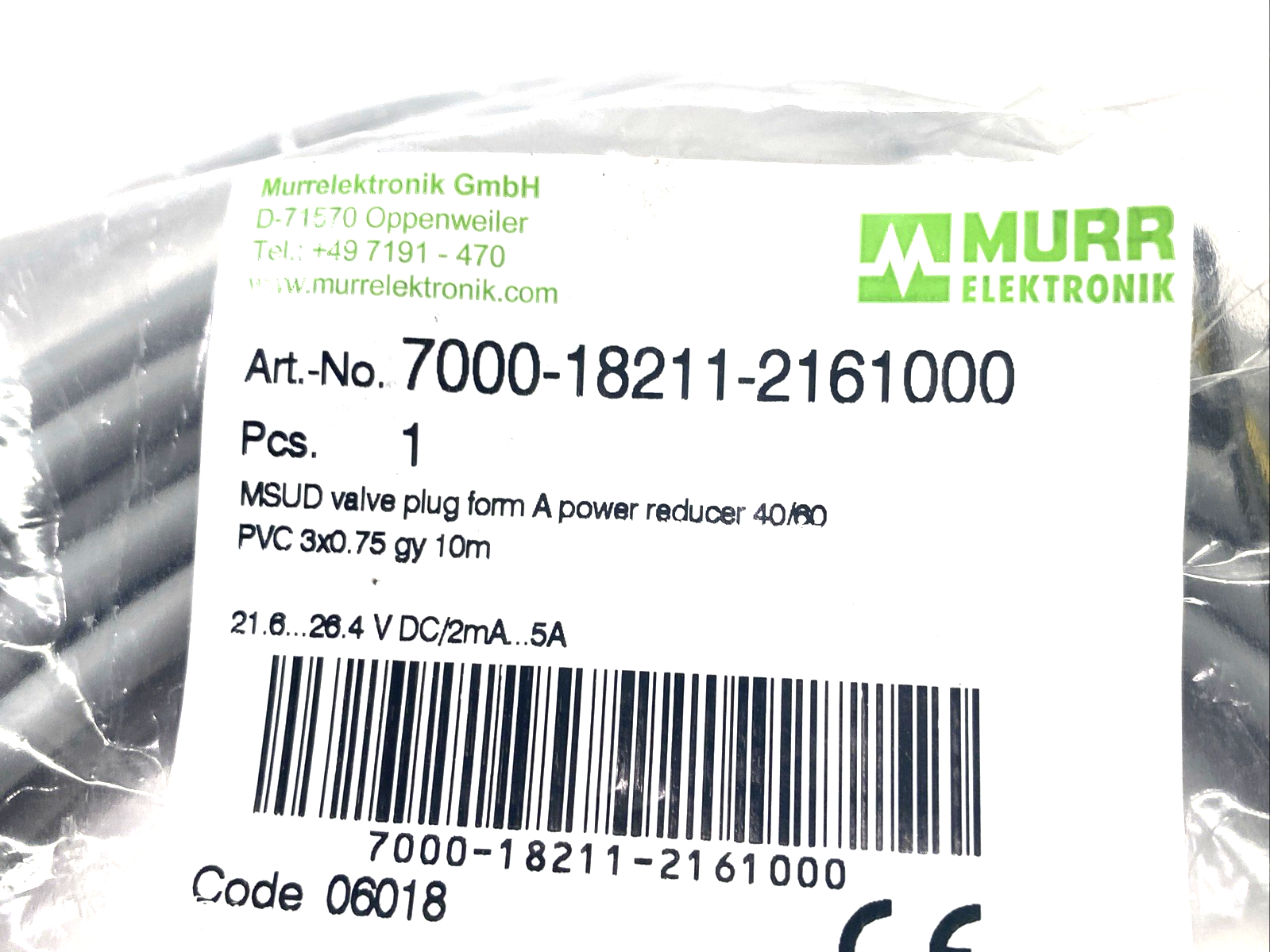 Murr Elektronik 7000-18211-2161000 MSUD Valve Plug A-18mm w/Cable 10m - Maverick Industrial Sales