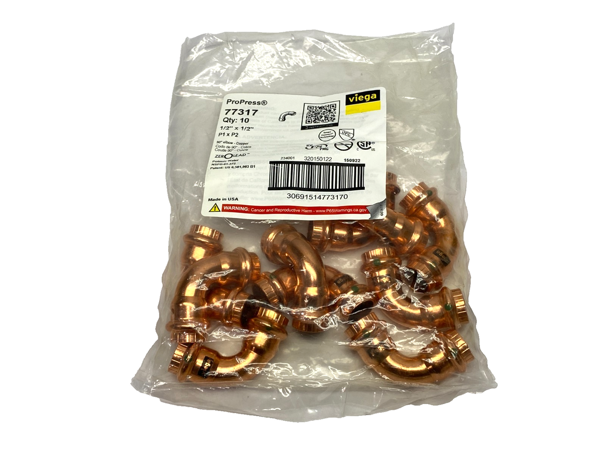 Viega 77317 ProPress 90° Elbow, Copper, Press Connection, 1/2" x 1/2" PACK OF 10 - Maverick Industrial Sales