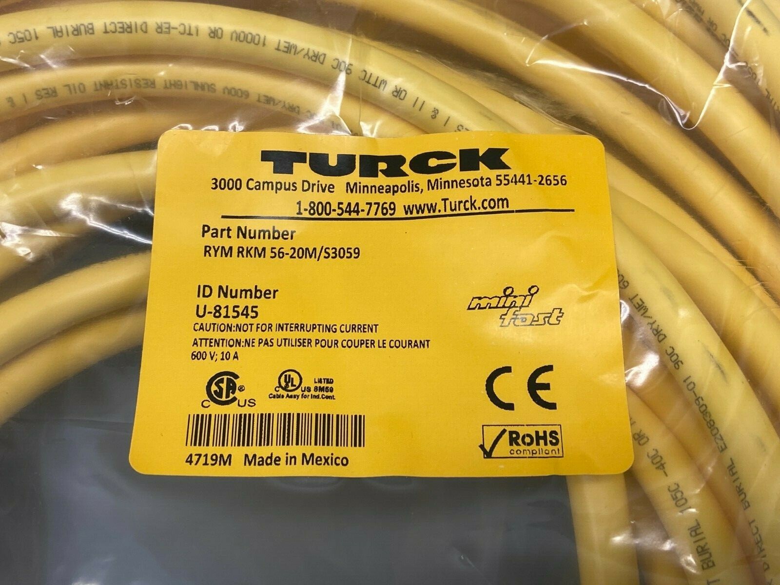 Turck RYM RKM 56-20M/S3059 Minifast Double-Ended Cordset U-81545 - Maverick Industrial Sales