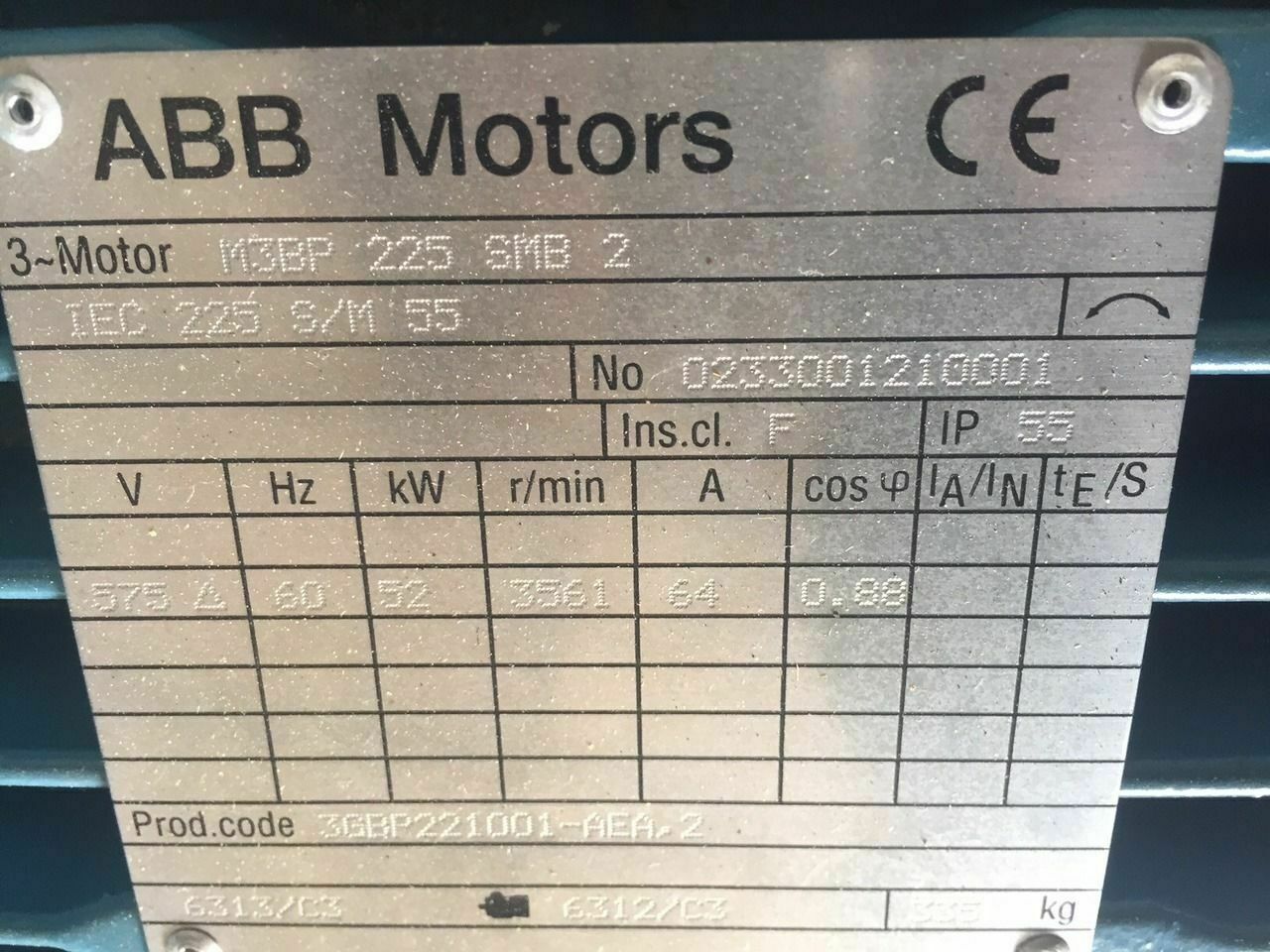 ABB M3BP 225 SMB 2 IEC 225 S/M 55, 52KW, 3561 RPM 575V 64A IP 55 Electric Motor - Maverick Industrial Sales