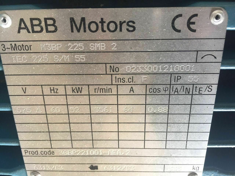 ABB M3BP 225 SMB 2 IEC 225 S/M 55, 52KW, 3561 RPM 575V 64A IP 55 Electric Motor - Maverick Industrial Sales